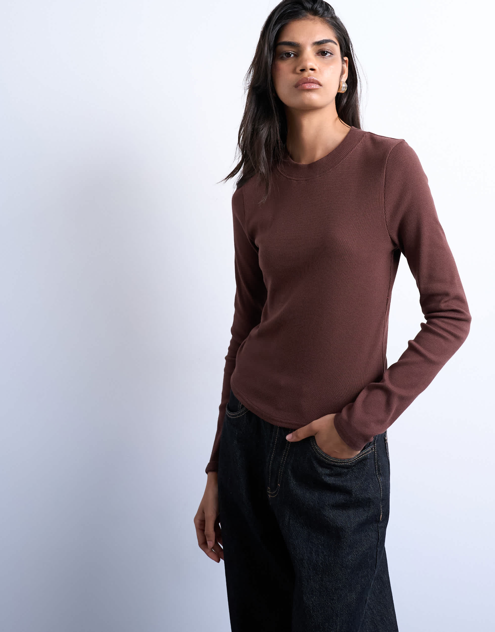 Topshop rib long sleeve curved hem top in chocolate brown