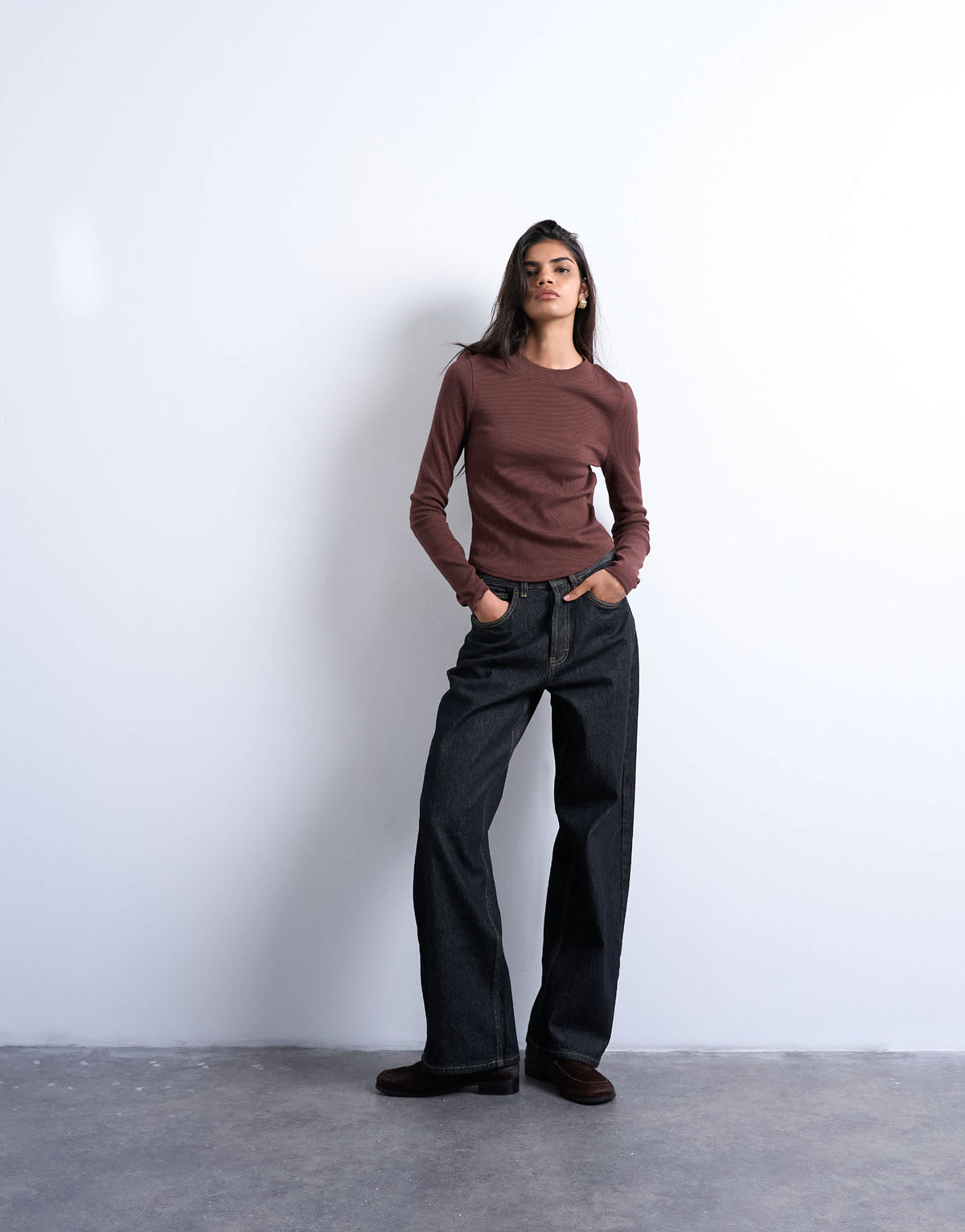 Topshop rib long sleeve curved hem top in chocolate brown