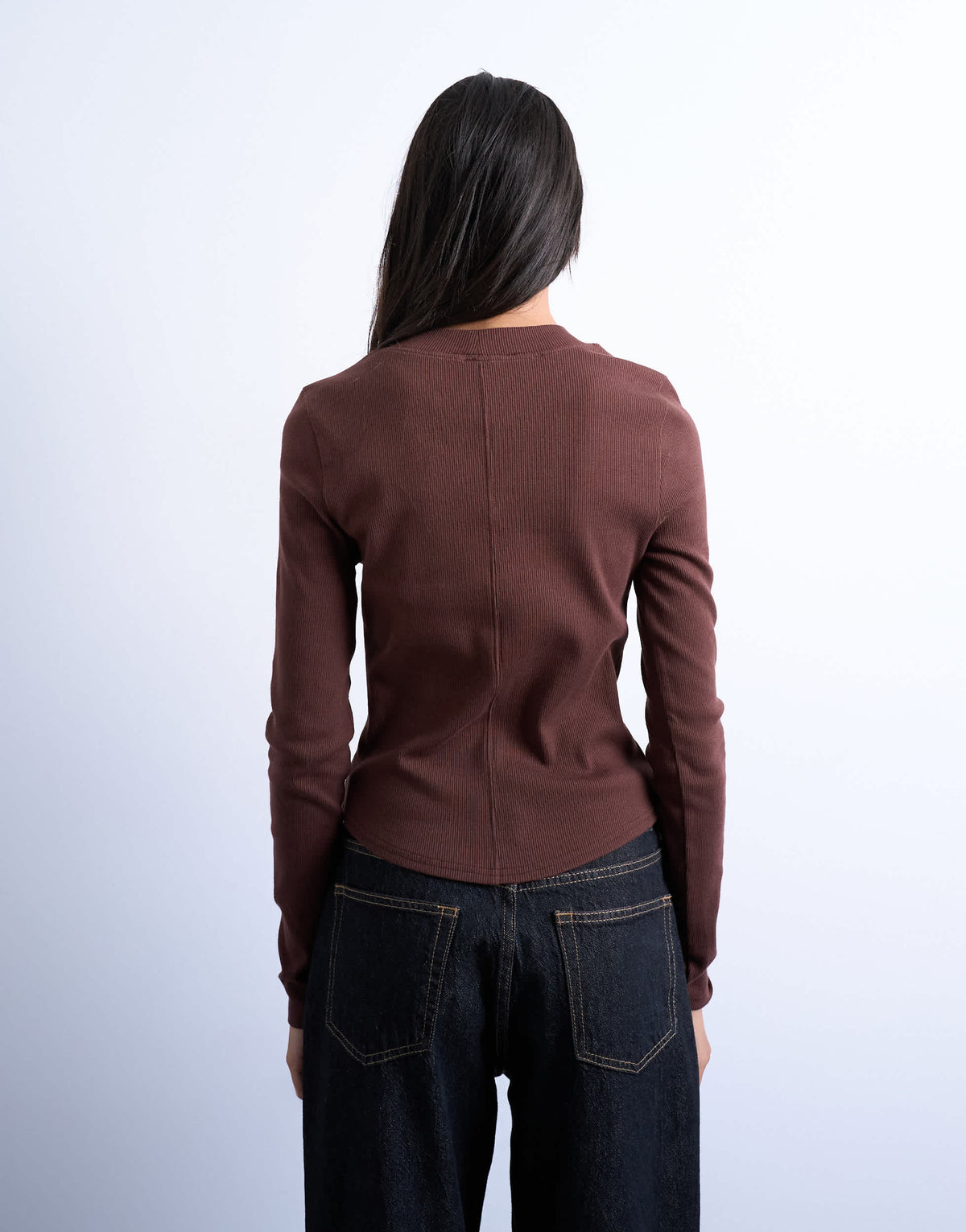 Topshop rib long sleeve curved hem top in chocolate brown