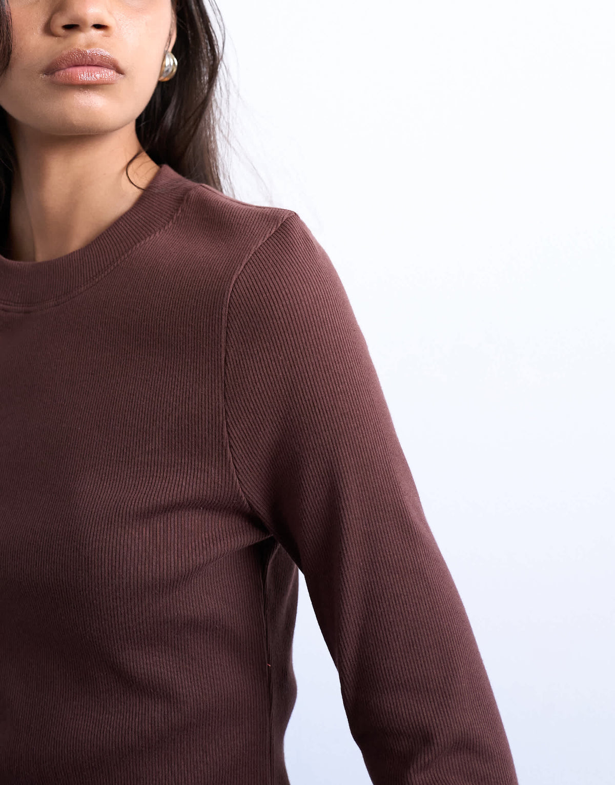 Topshop rib long sleeve curved hem top in chocolate brown