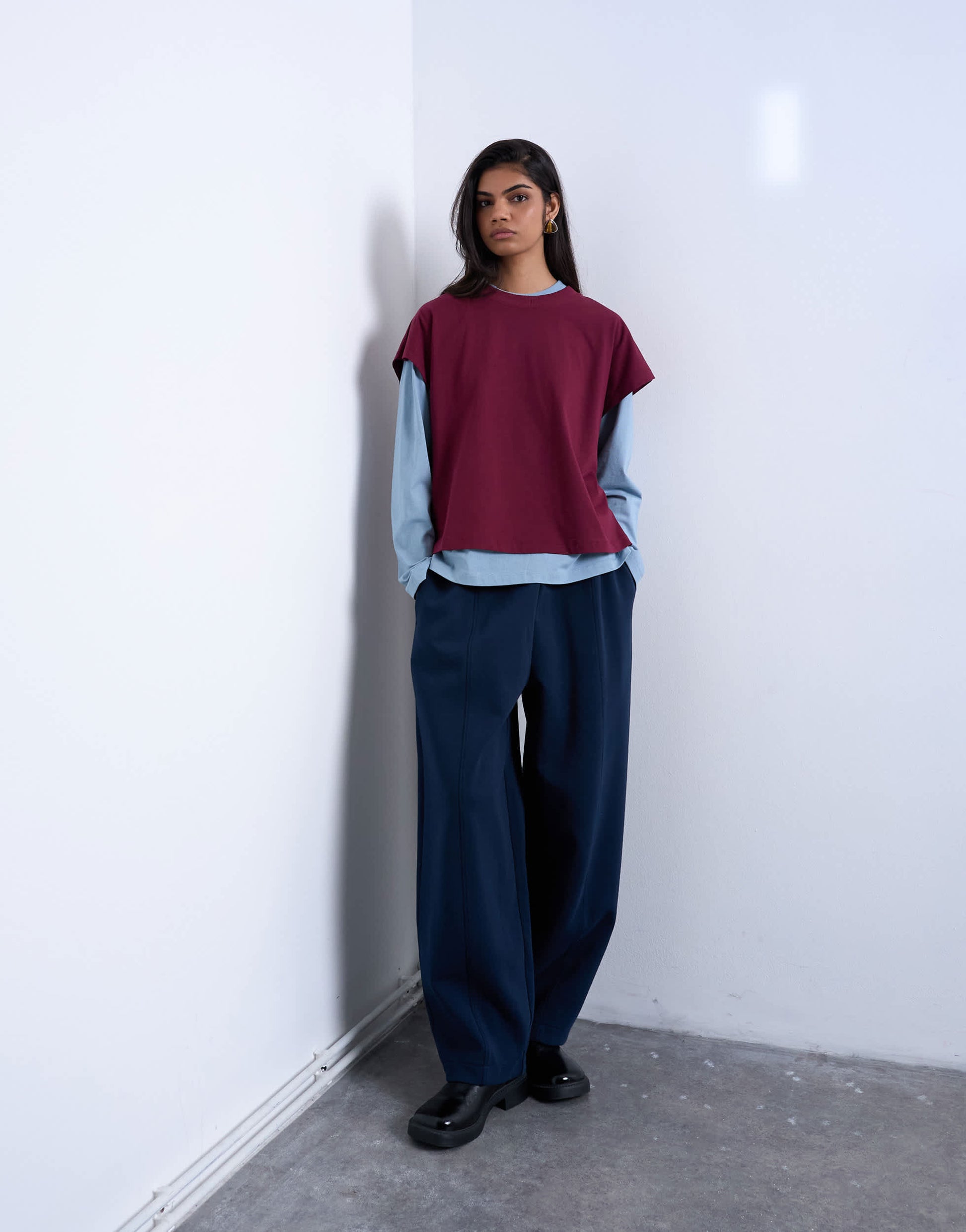 Topshop scuba-style fabric pintuck barrel leg jogger in navy