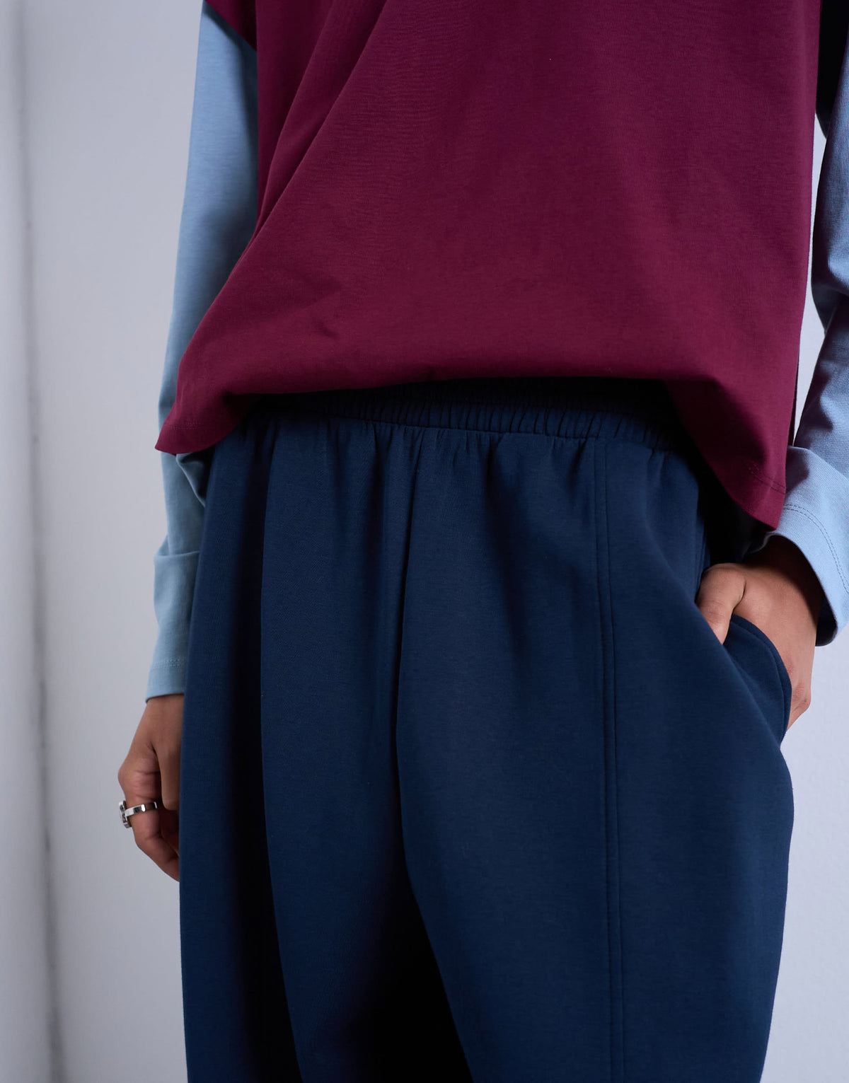 Topshop scuba-style fabric pintuck barrel leg jogger in navy