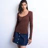 Topshop rib scoop tie neck long sleeve top in chocolate brown