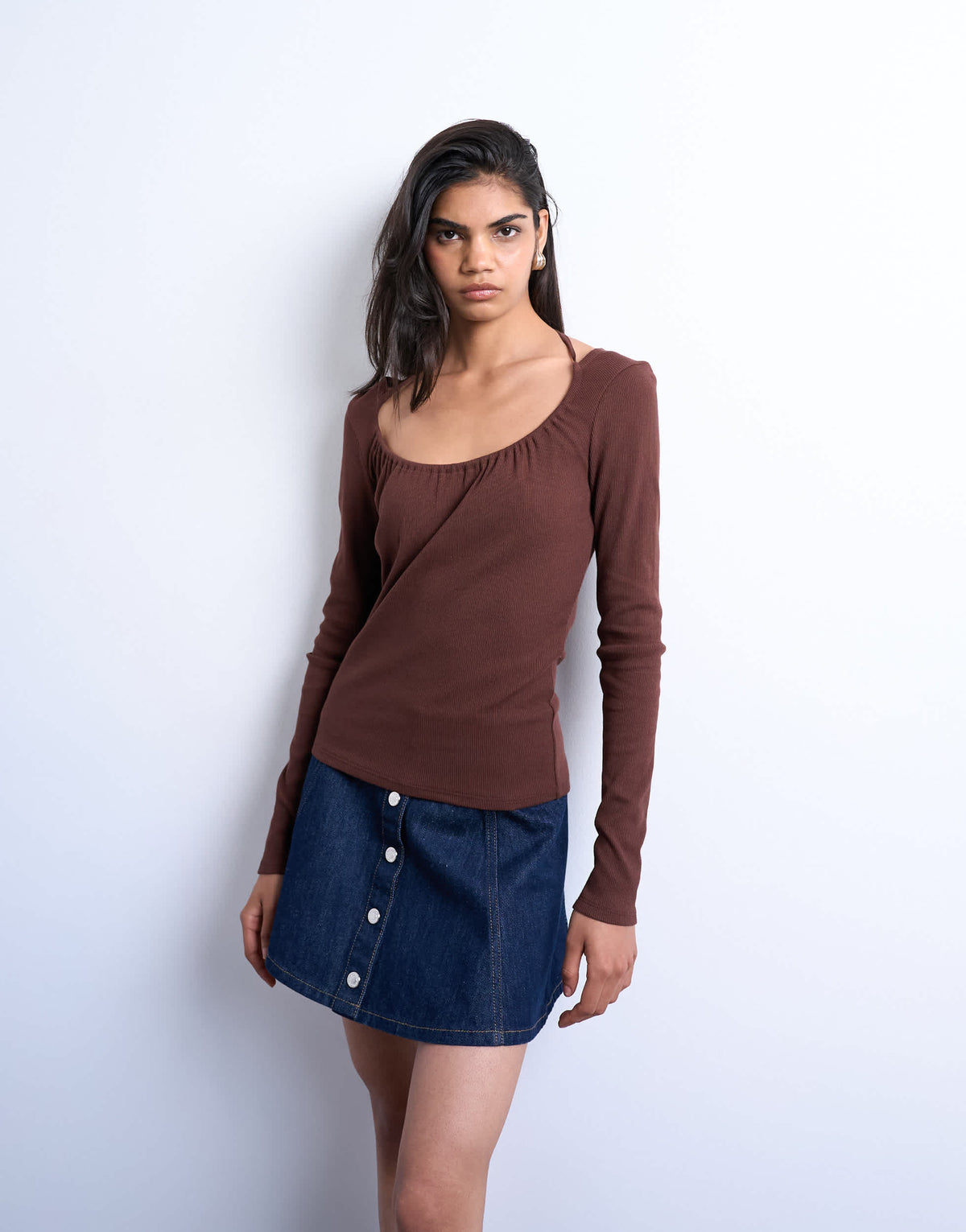 Topshop rib scoop tie neck long sleeve top in chocolate brown