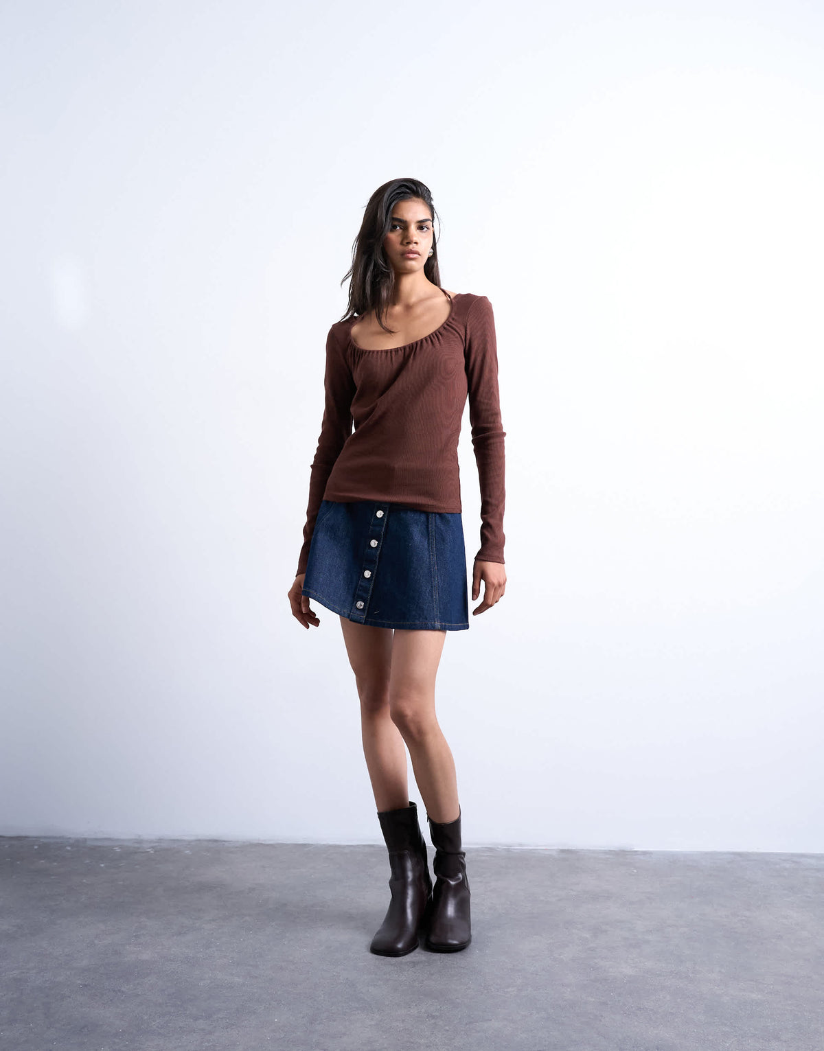 Topshop rib scoop tie neck long sleeve top in chocolate brown