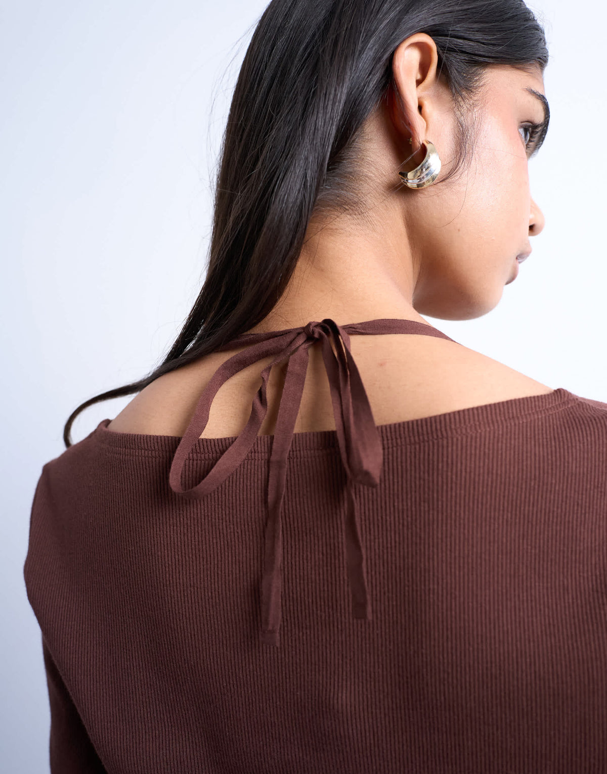Topshop rib scoop tie neck long sleeve top in chocolate brown