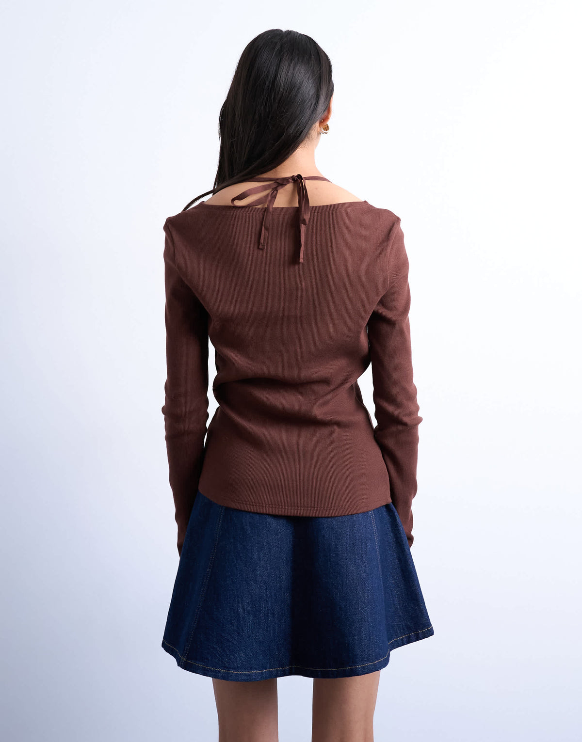 Topshop rib scoop tie neck long sleeve top in chocolate brown