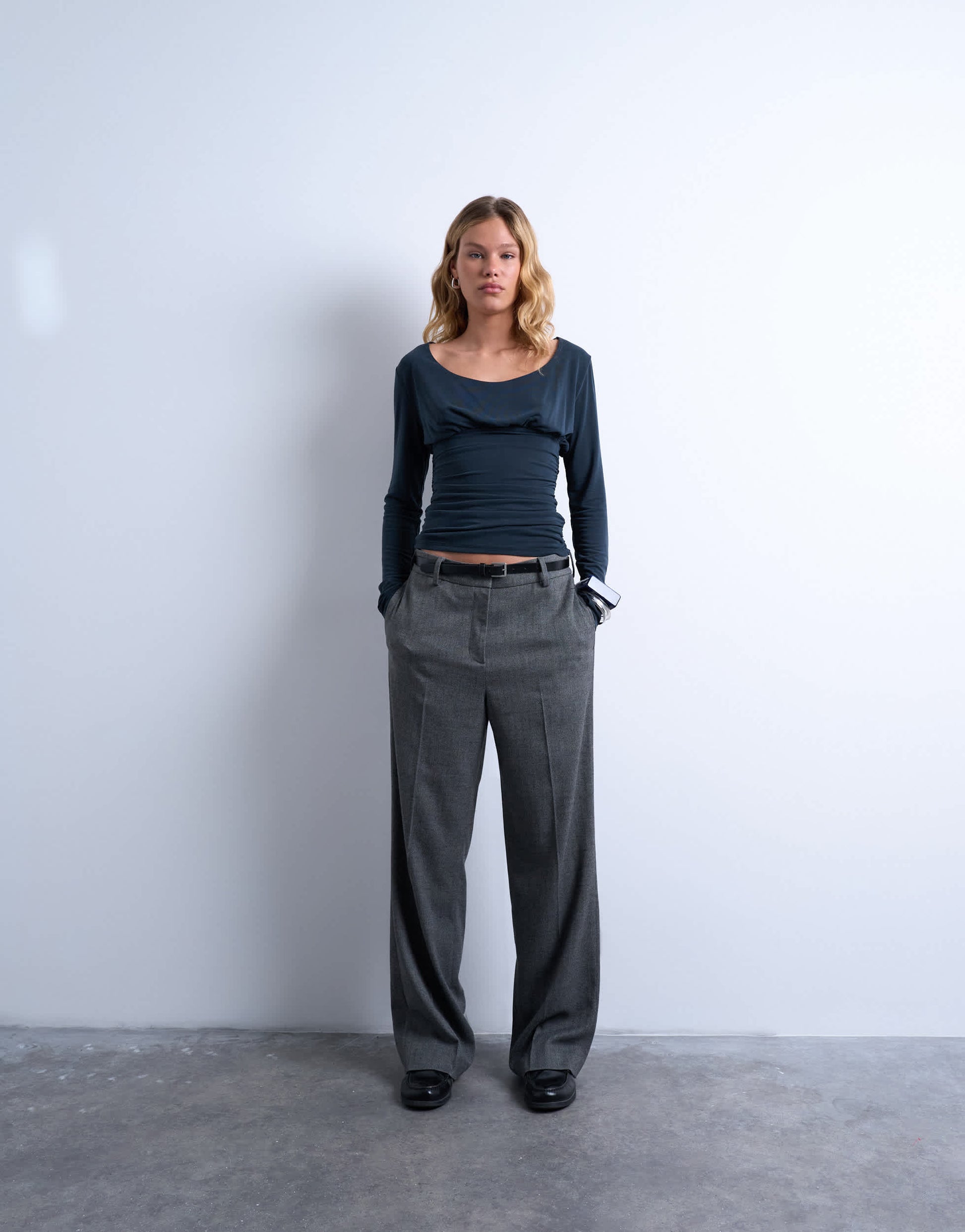 Topshop cupro scoop neck long sleeve ruched top in grey