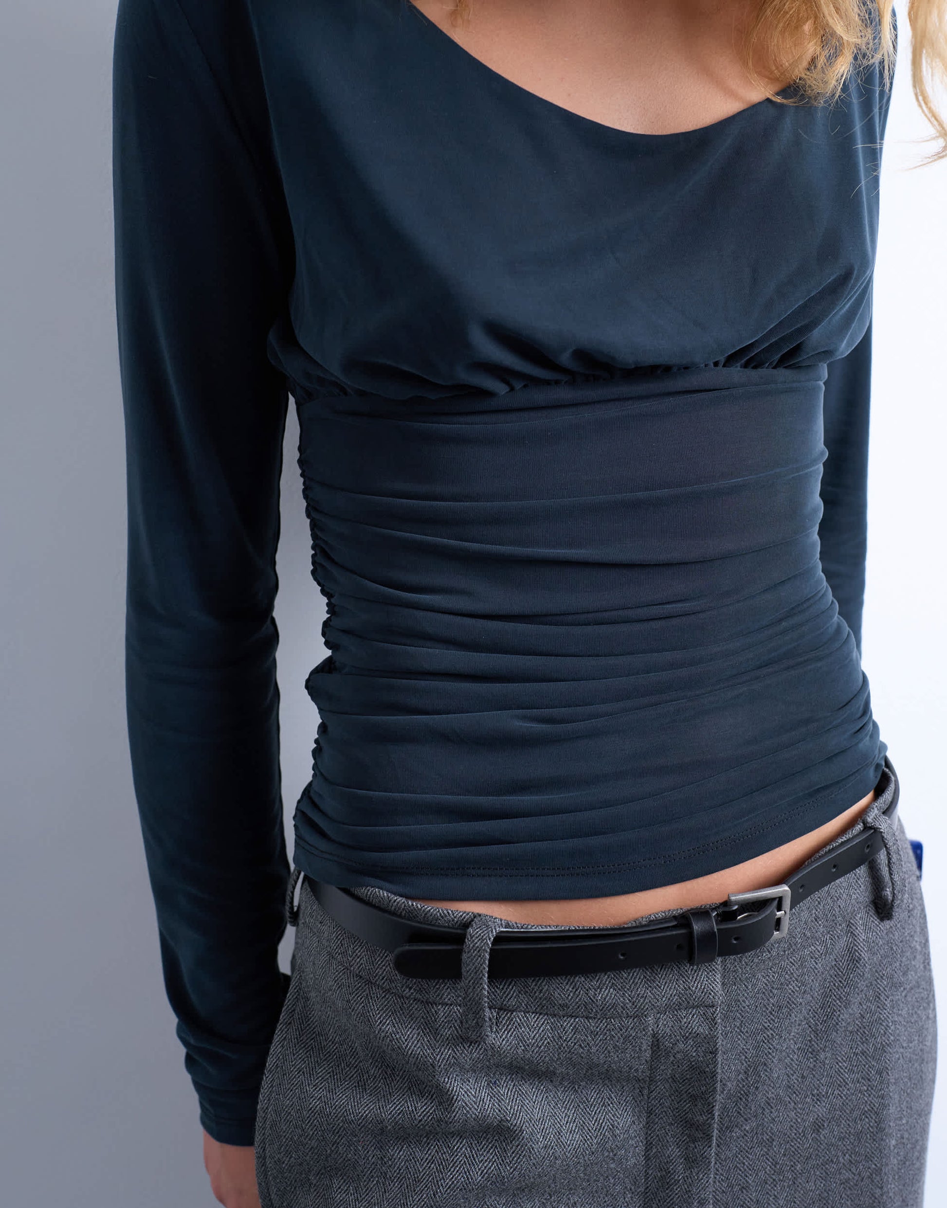 Topshop cupro scoop neck long sleeve ruched top in grey