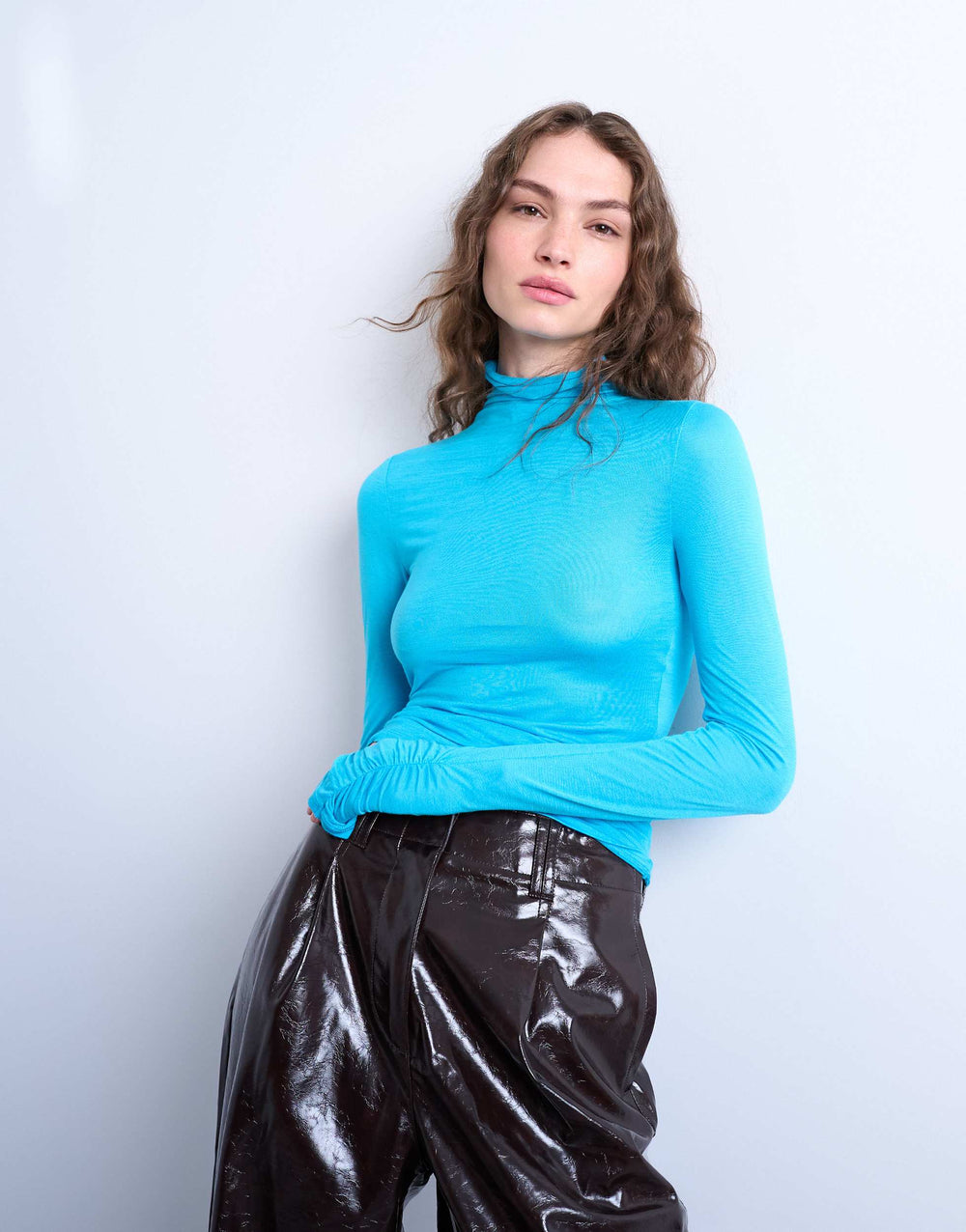 Topshop high neck viscose long sleeve top in blue