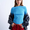 Topshop rib long sleeve curved hem top in blue