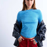 Topshop Rippstrick-Langarmshirt mit abgerundetem Saum in Blau