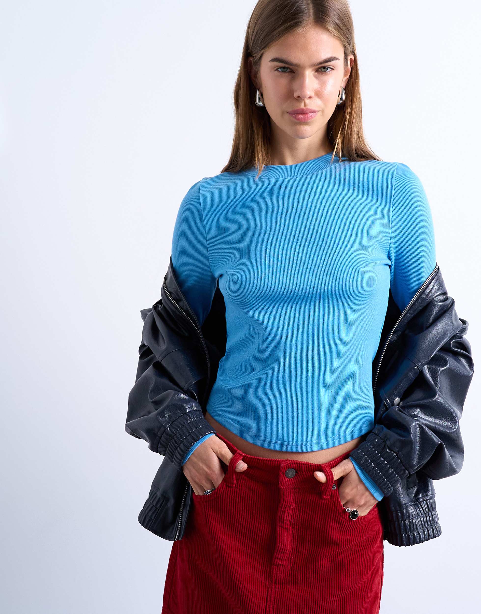 Topshop rib long sleeve curved hem top in blue