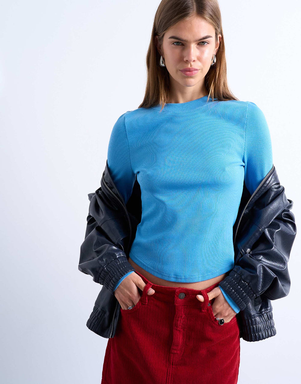Topshop rib long sleeve curved hem top in blue