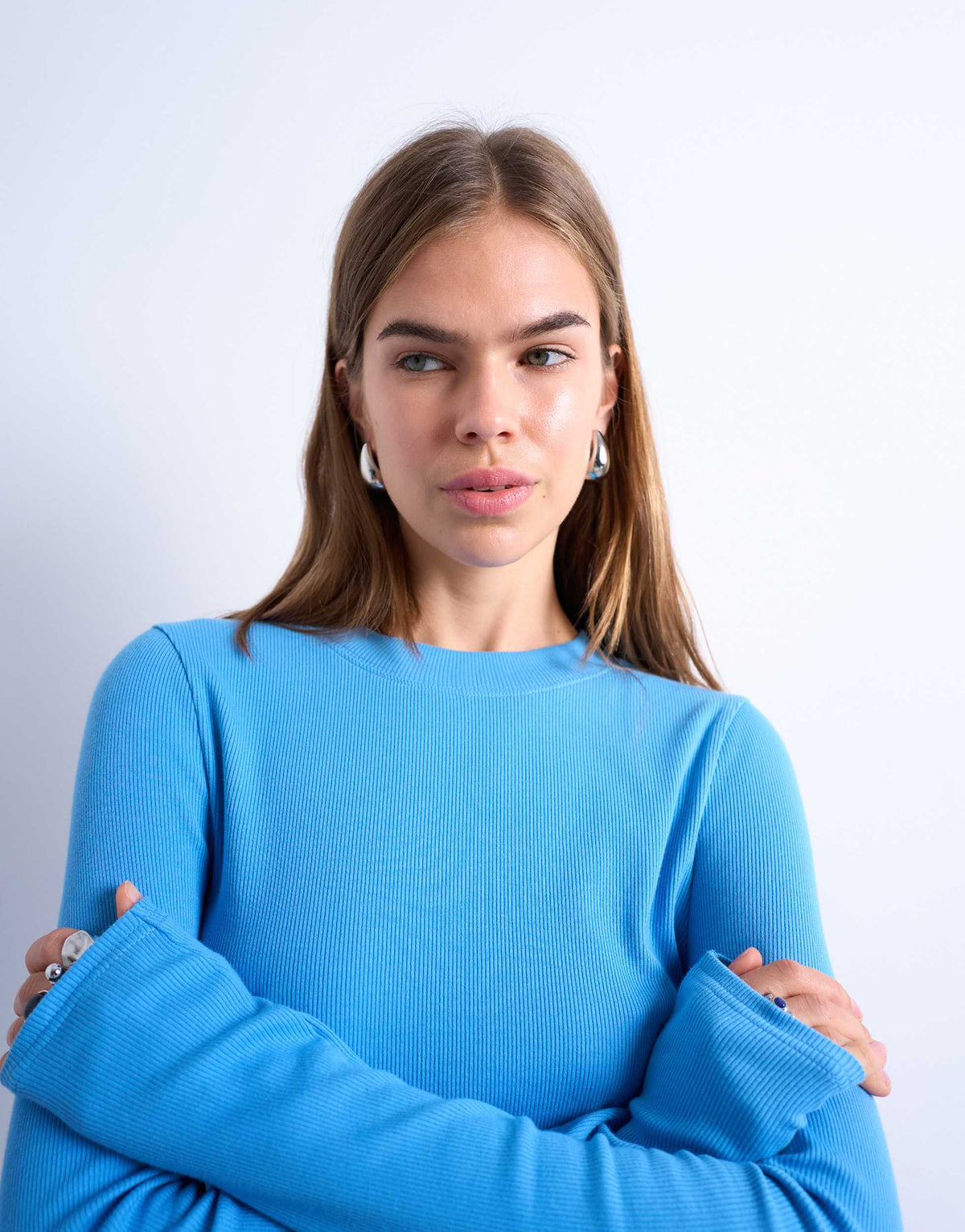 Topshop rib long sleeve curved hem top in blue