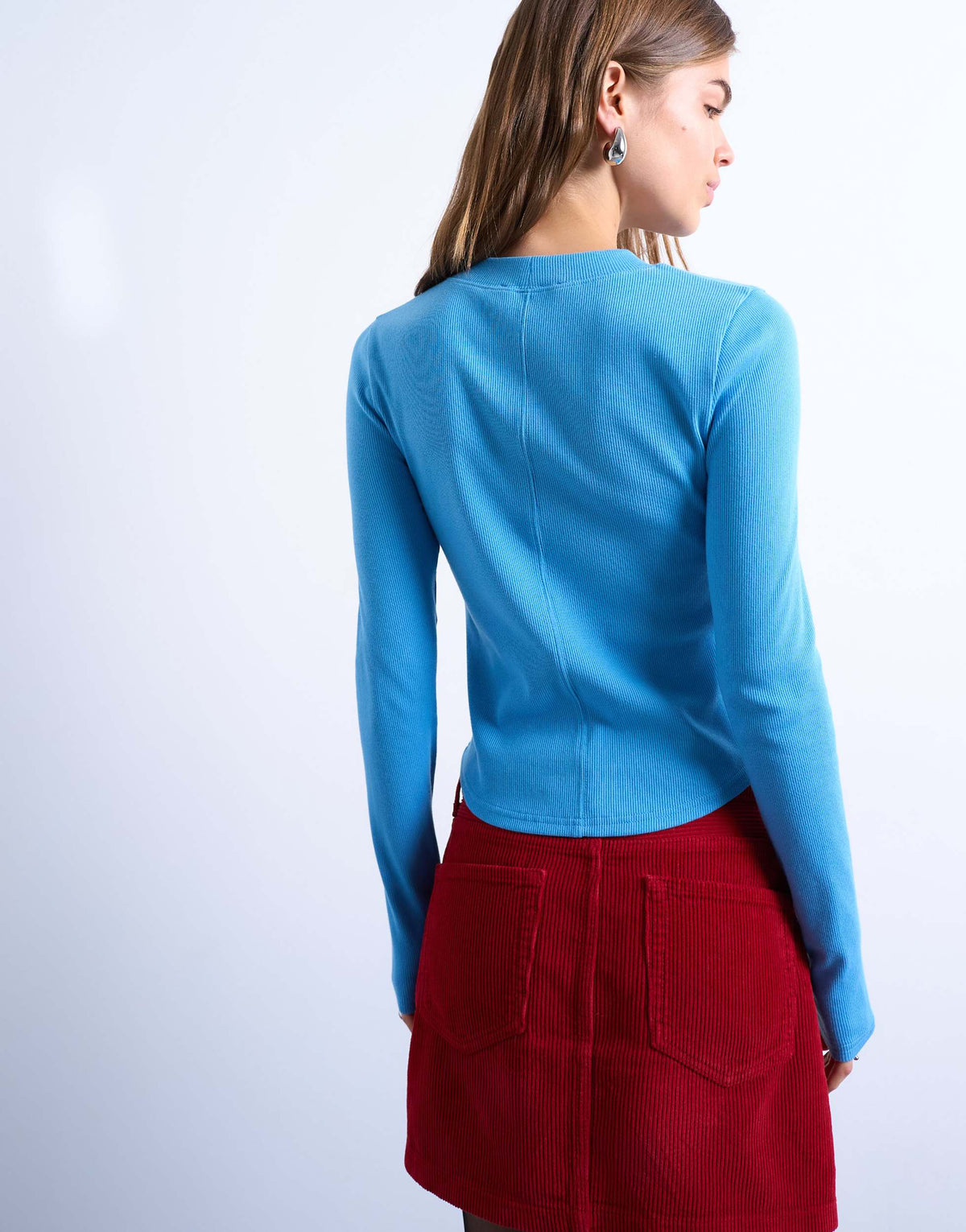 Topshop rib long sleeve curved hem top in blue