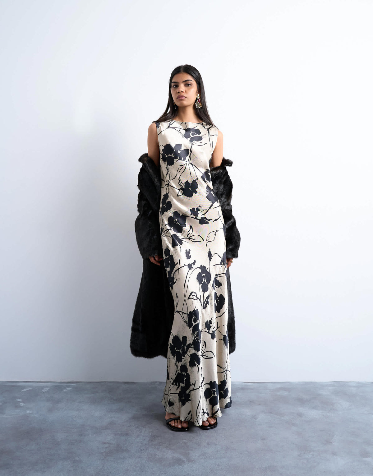 Topshop open back satin midi dress in black white floral