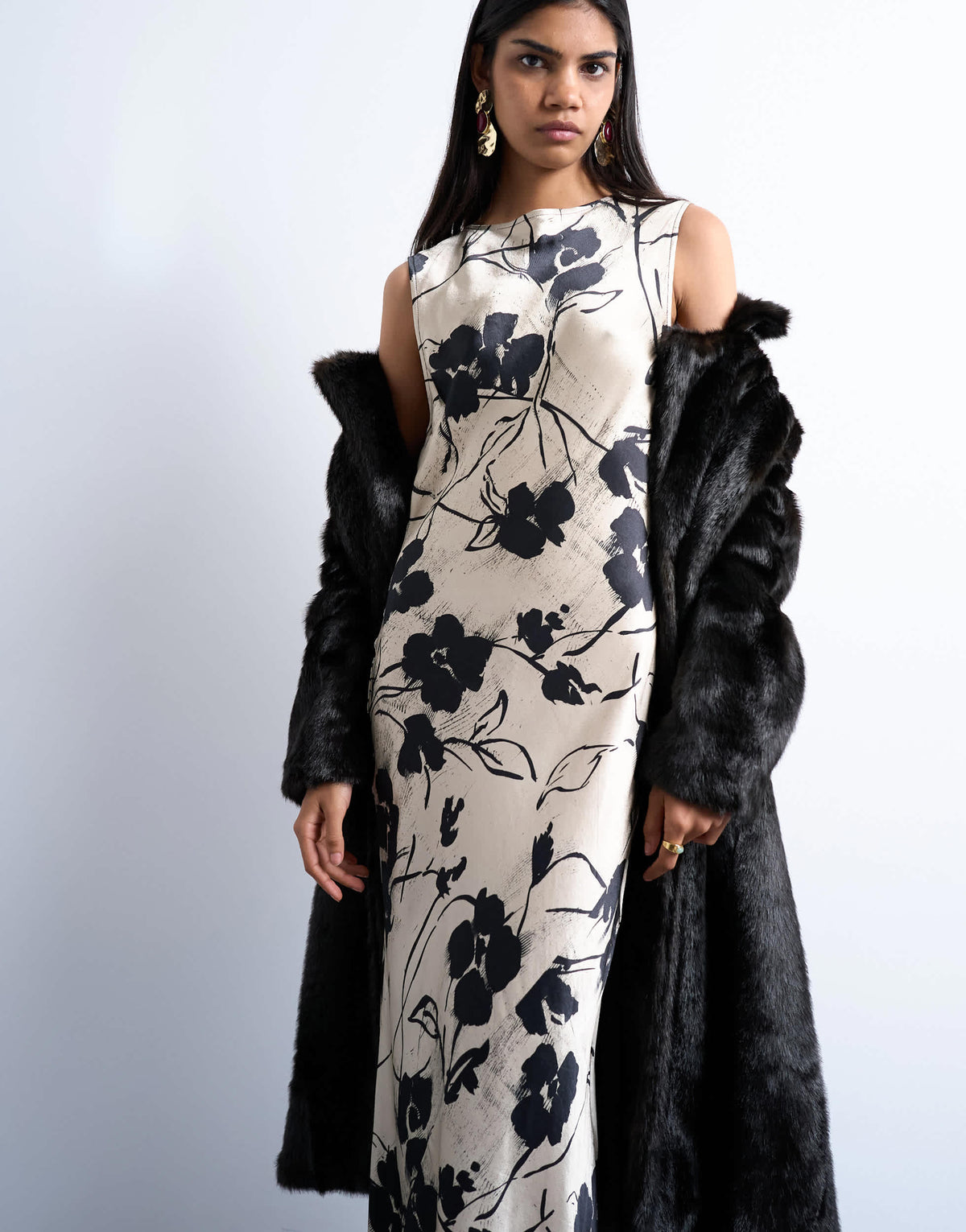 Topshop open back satin midi dress in black white floral