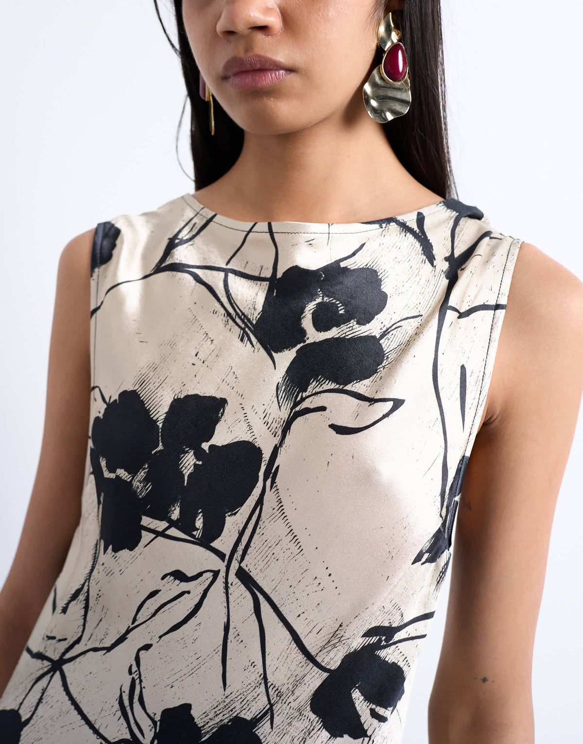 Topshop open back satin midi dress in black white floral