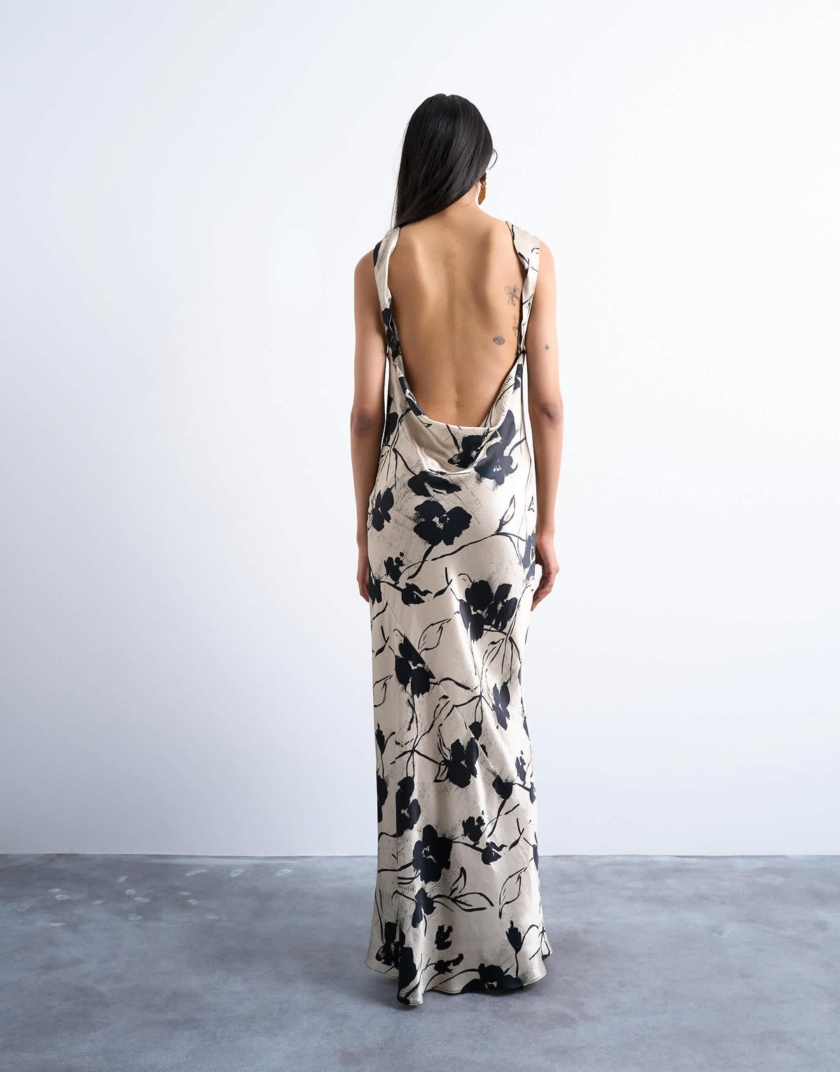 Topshop open back satin midi dress in black white floral