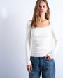 Topshop rib scoop tie neck long sleeve top in ivory