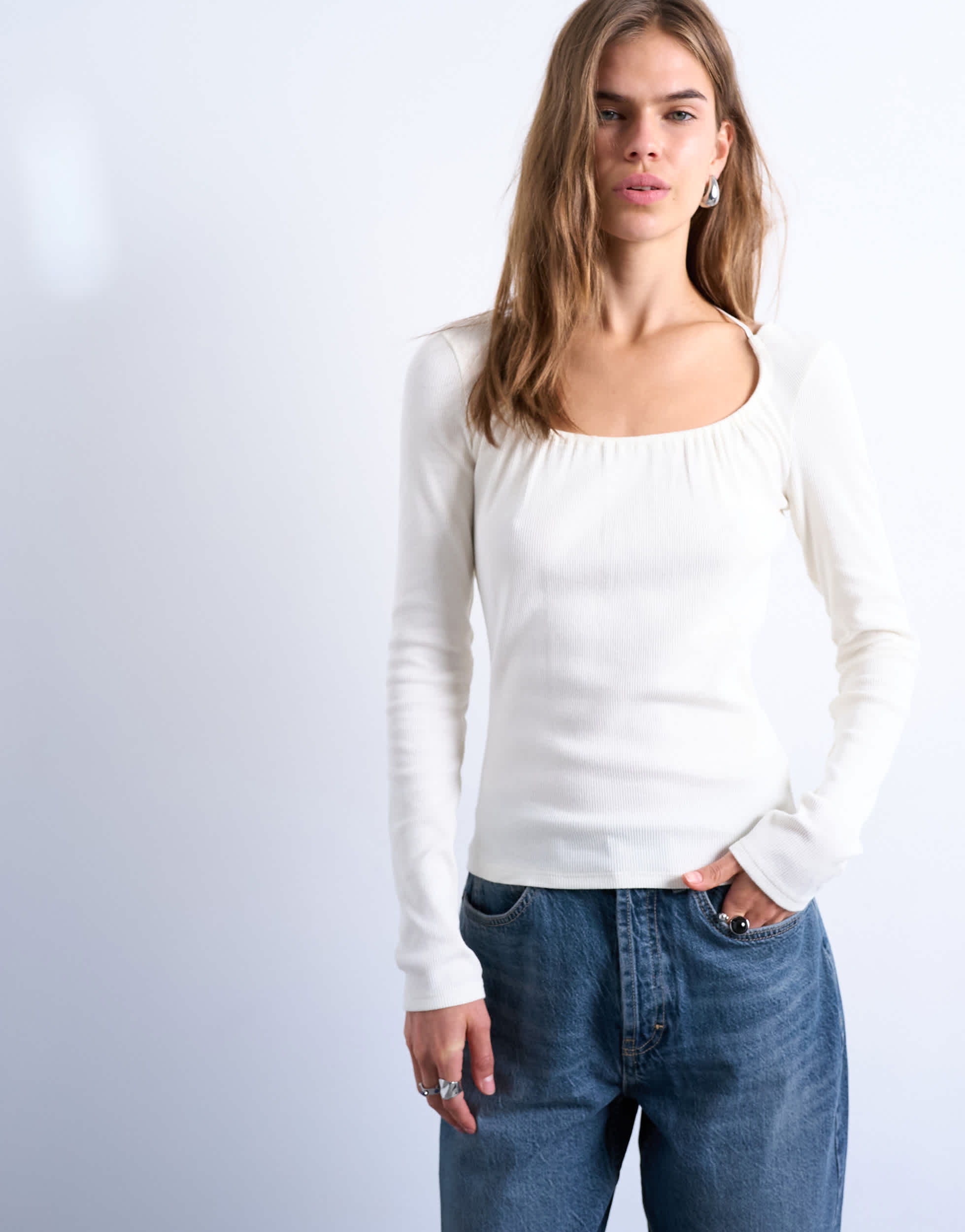 Topshop rib scoop tie neck long sleeve top in ivory