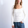 Topshop rib scoop tie neck long sleeve top in ivory