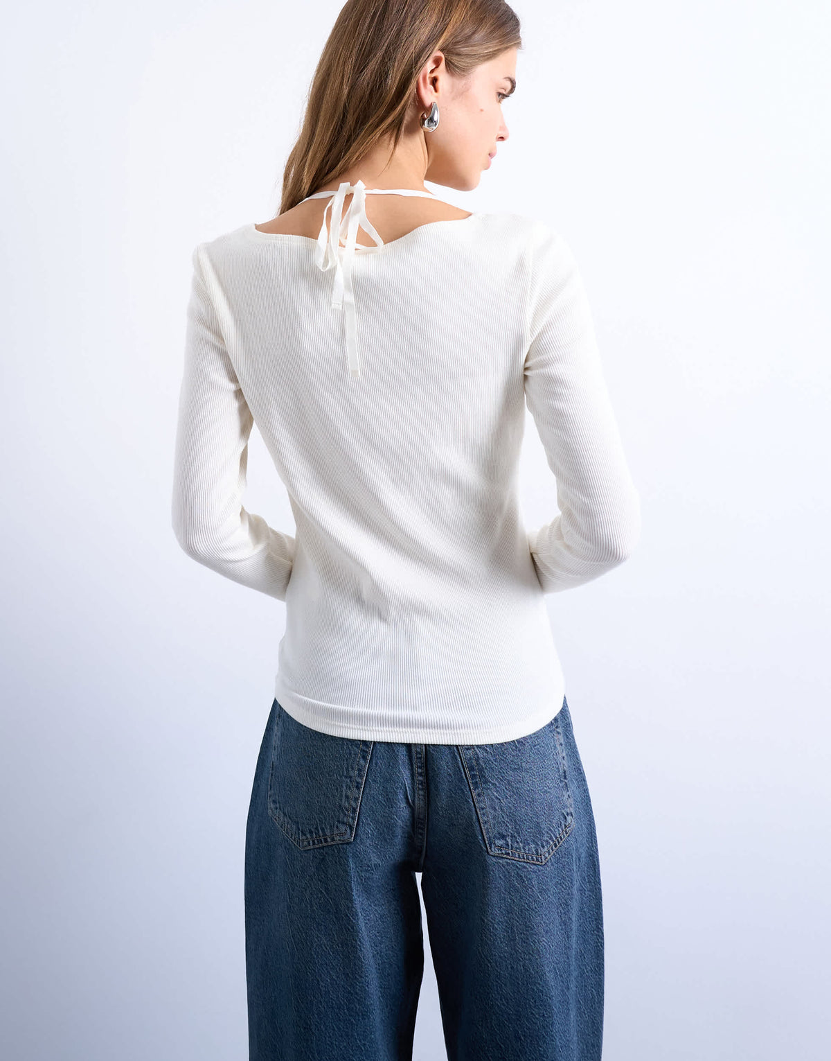 Topshop rib scoop tie neck long sleeve top in ivory