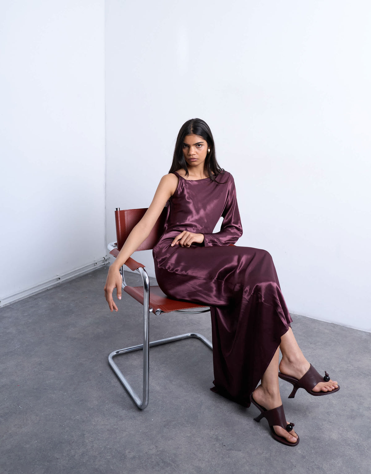 Topshop one sleeve twist strap satin maxi dress in port royale