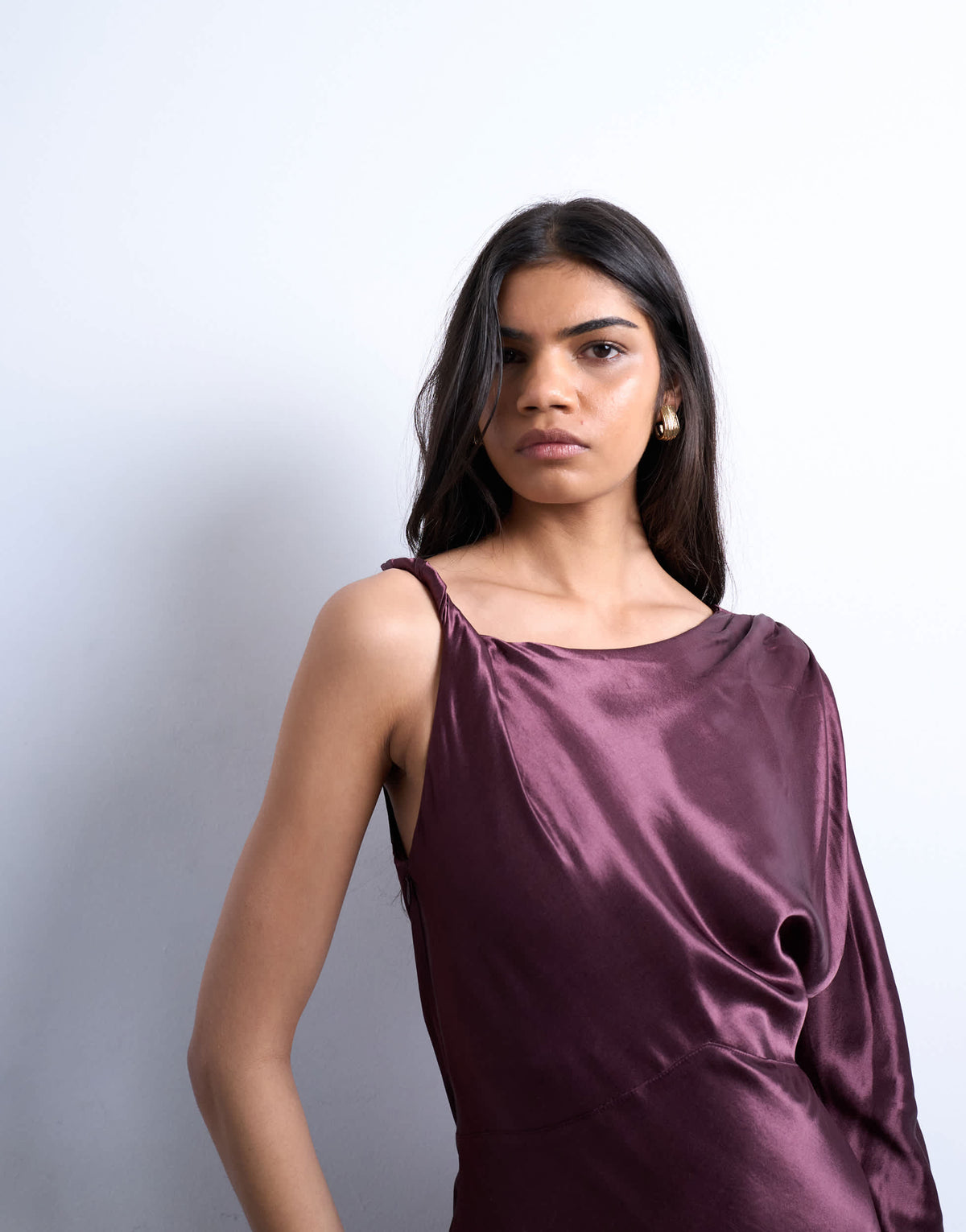 Topshop one sleeve twist strap satin maxi dress in port royale