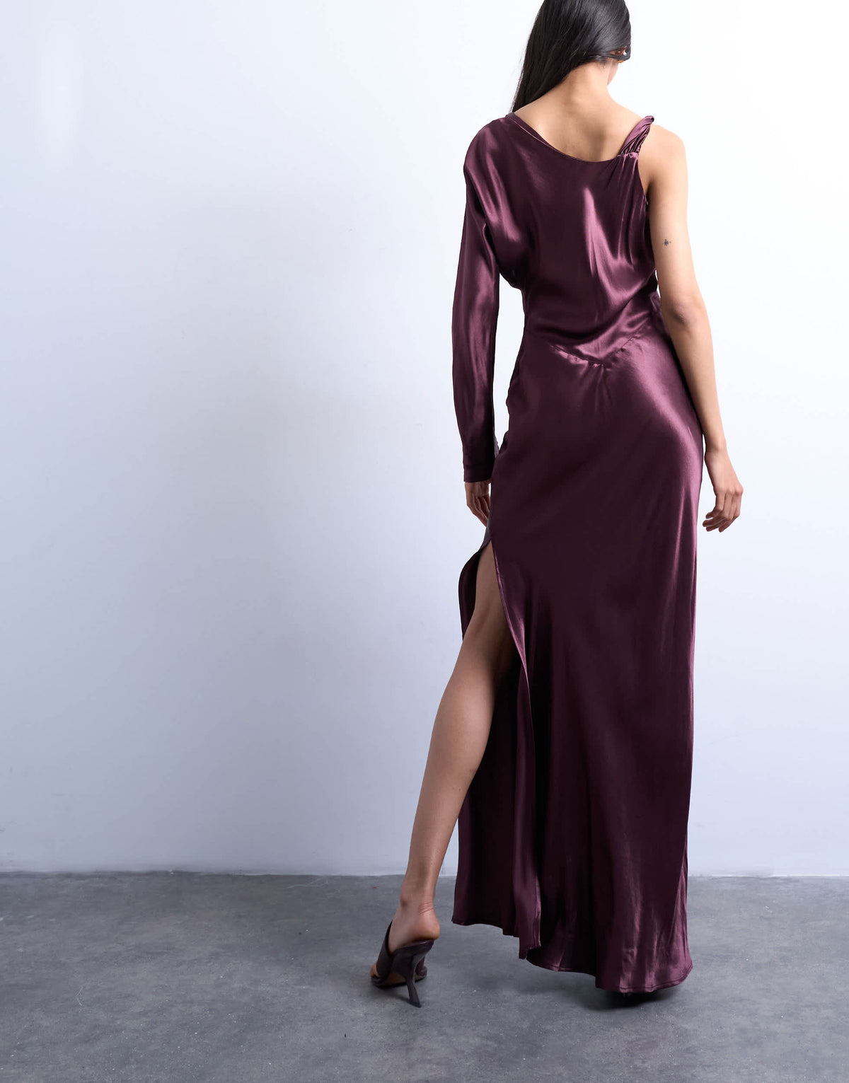 Topshop one sleeve twist strap satin maxi dress in port royale
