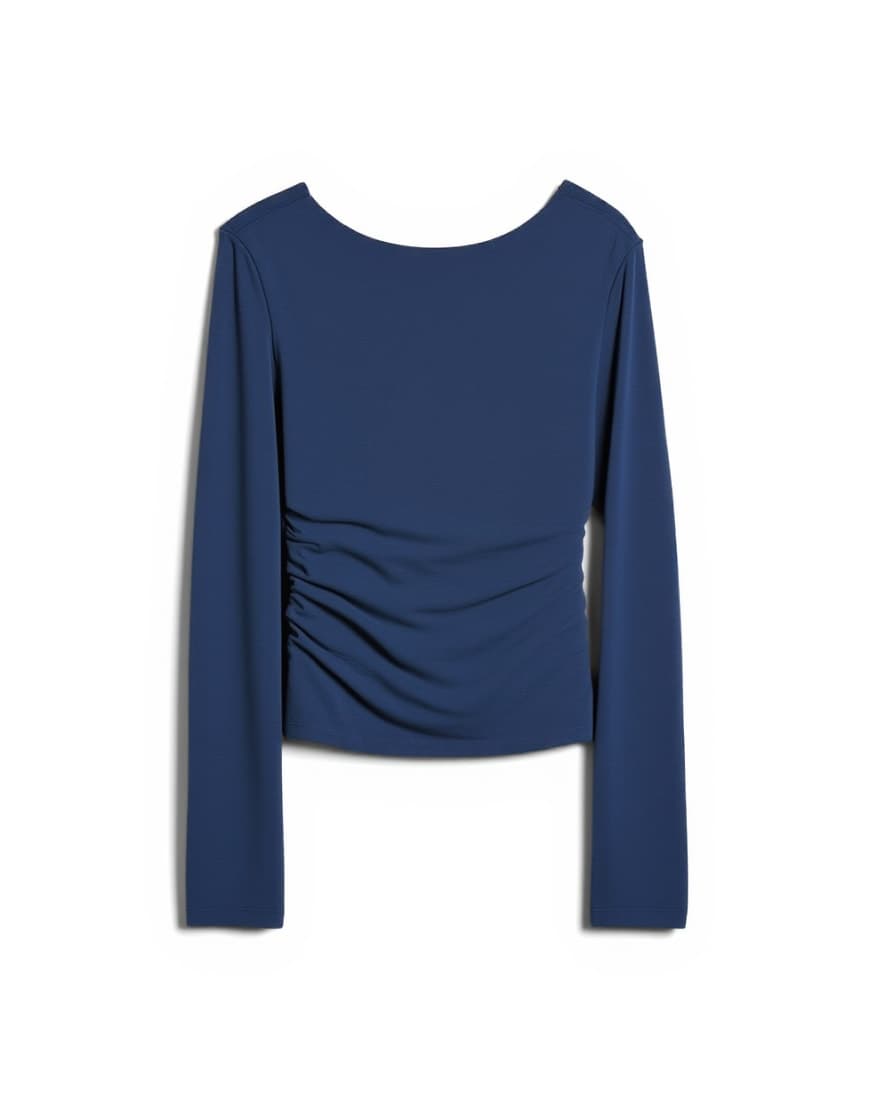 Topshop cupro long sleeve cowl back top in navy