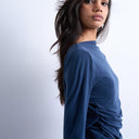 Topshop cupro long sleeve cowl back top in navy