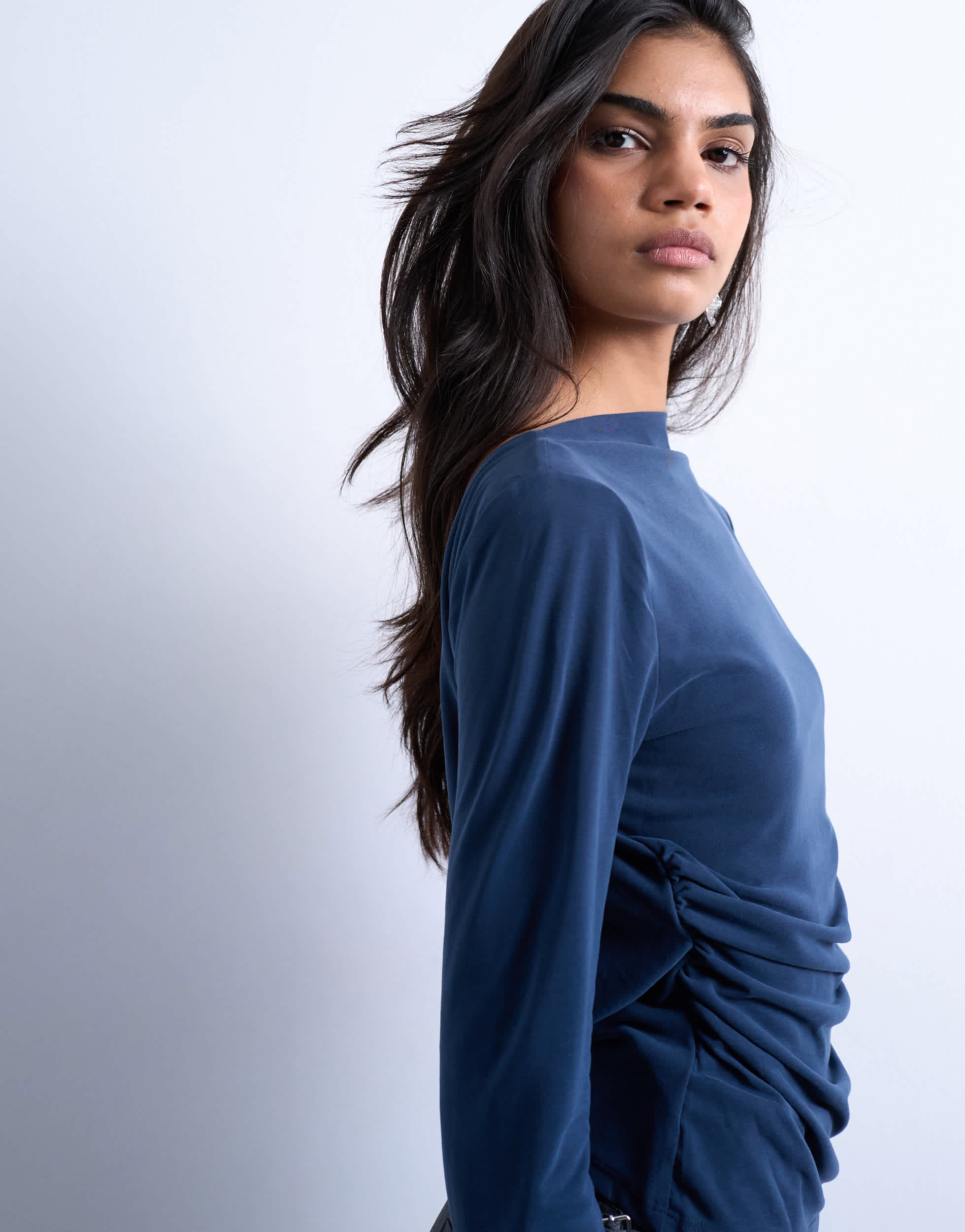 Topshop cupro long sleeve cowl back top in navy