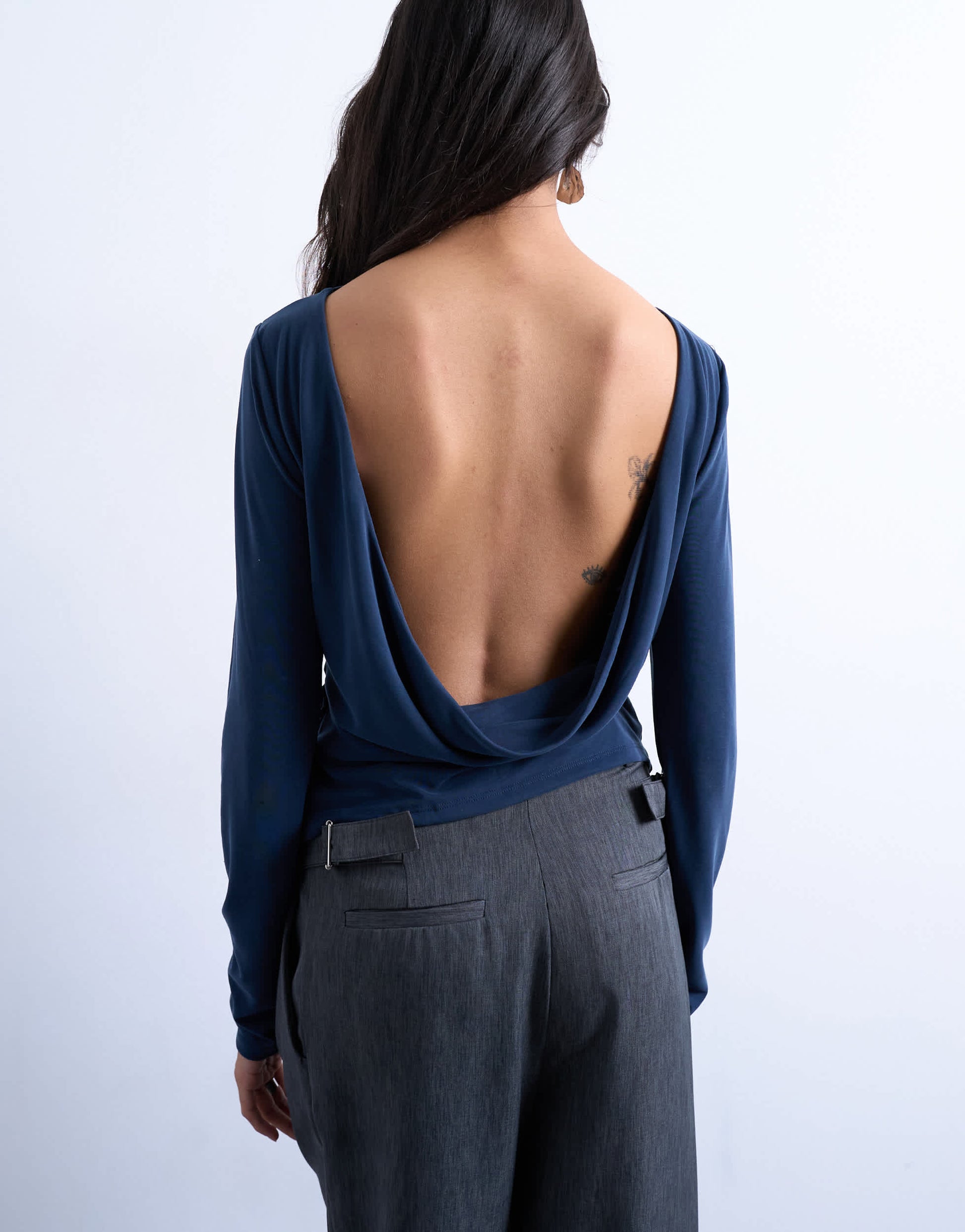 Topshop cupro long sleeve cowl back top in navy