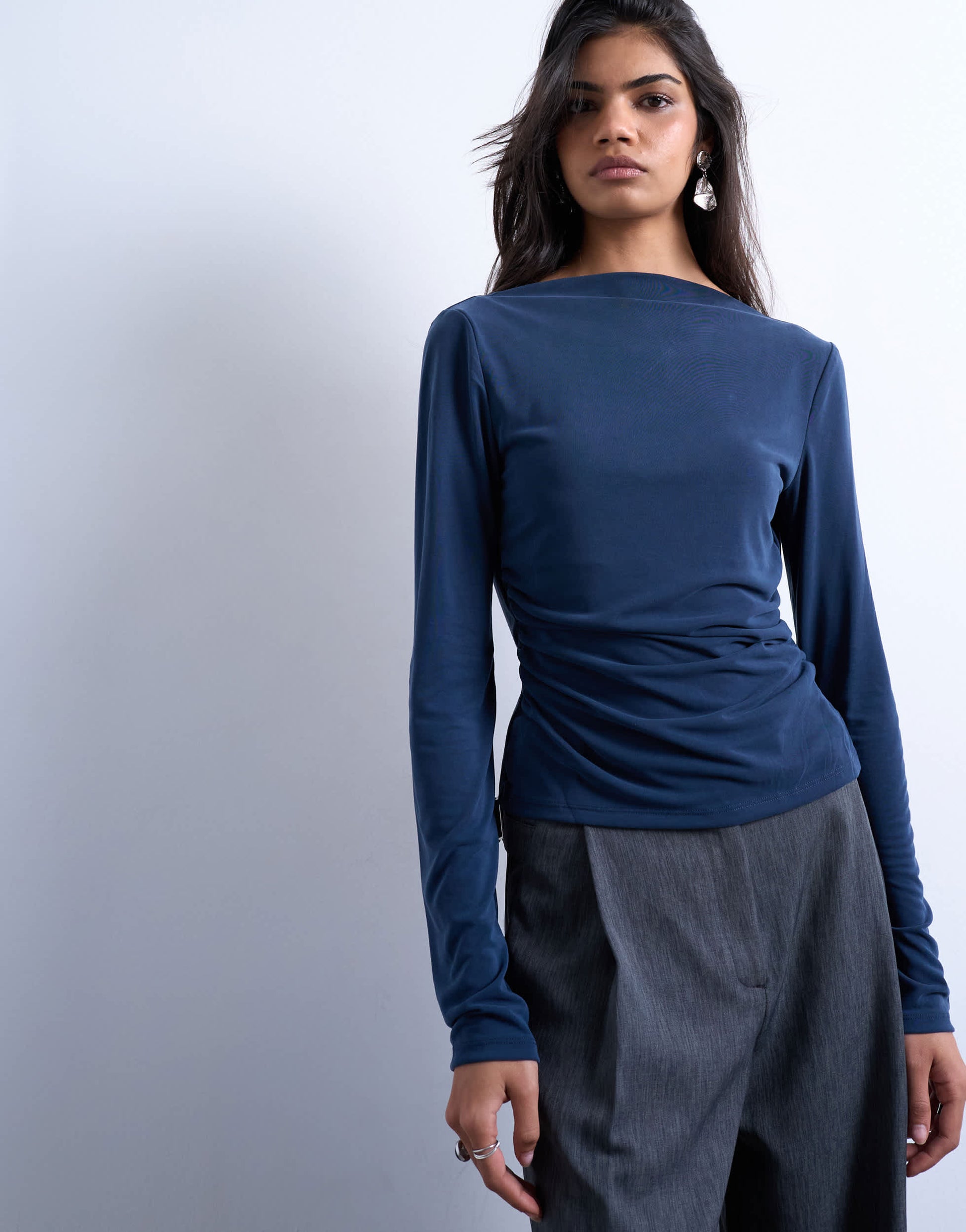 Topshop cupro long sleeve cowl back top in navy