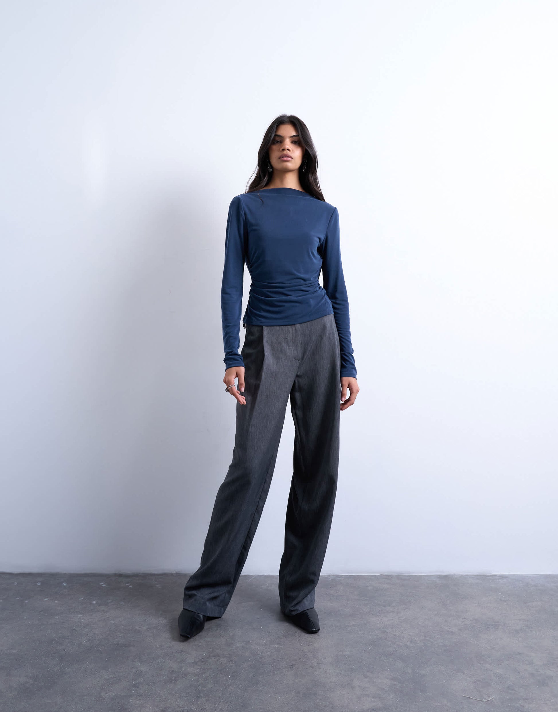 Topshop cupro long sleeve cowl back top in navy