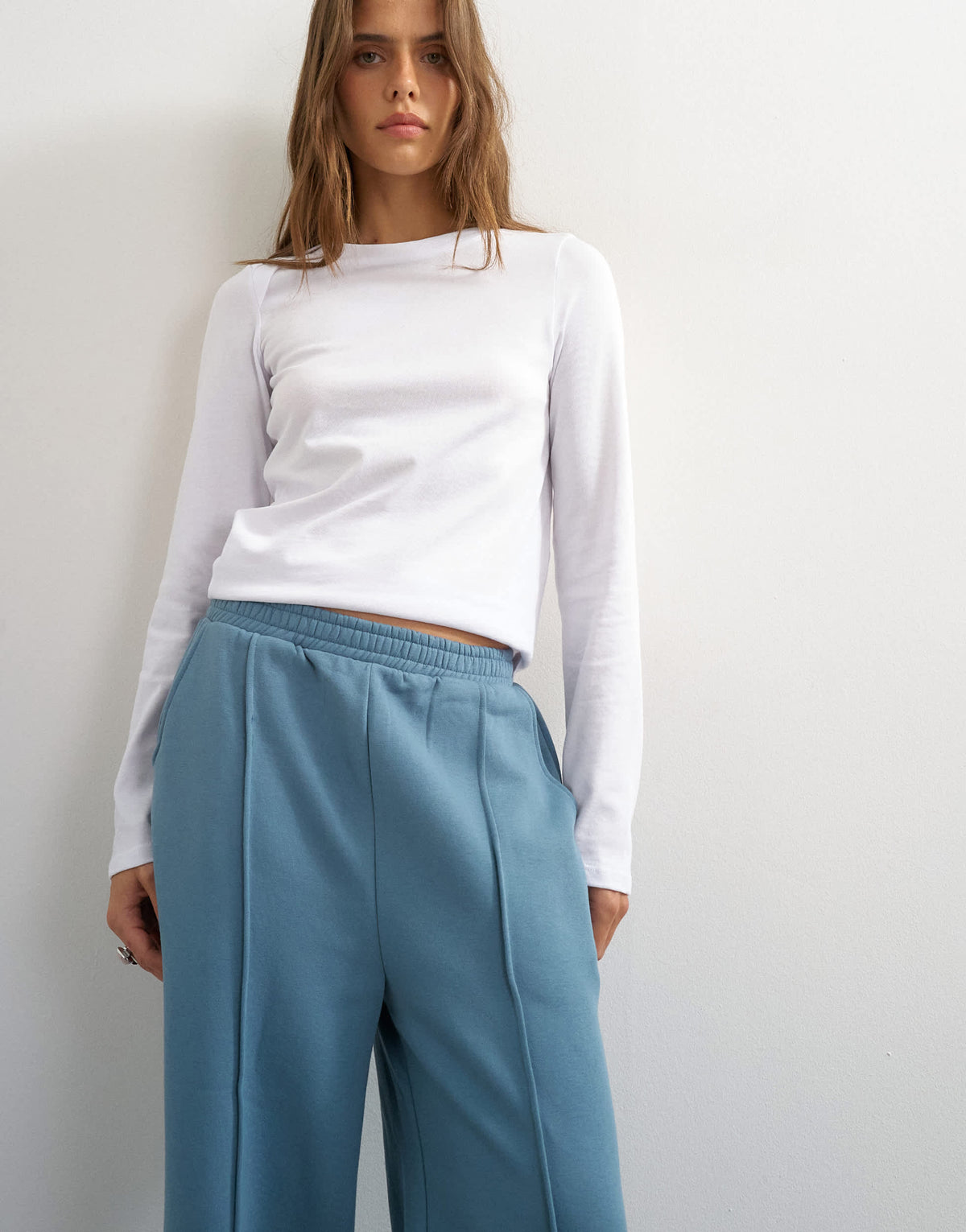 Topshop pintuck straight leg joggers in blue