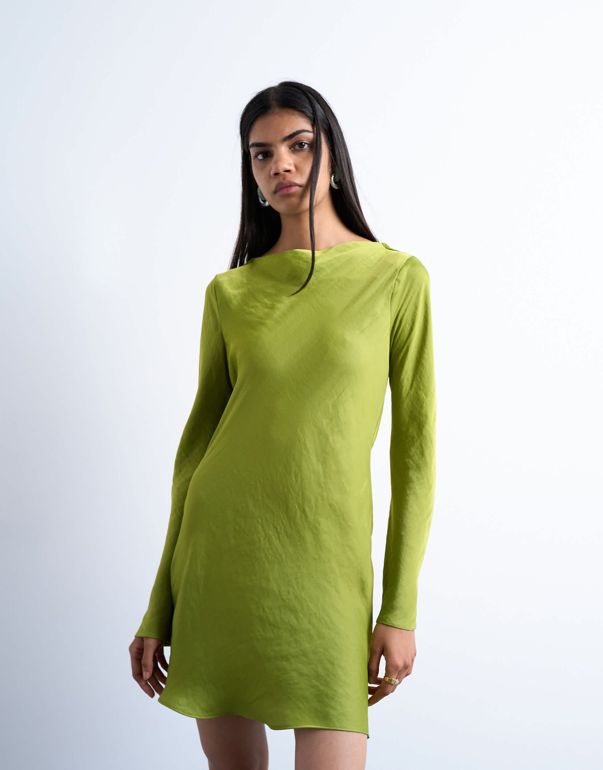 Topshop cowl back long sleeve mini satin in green