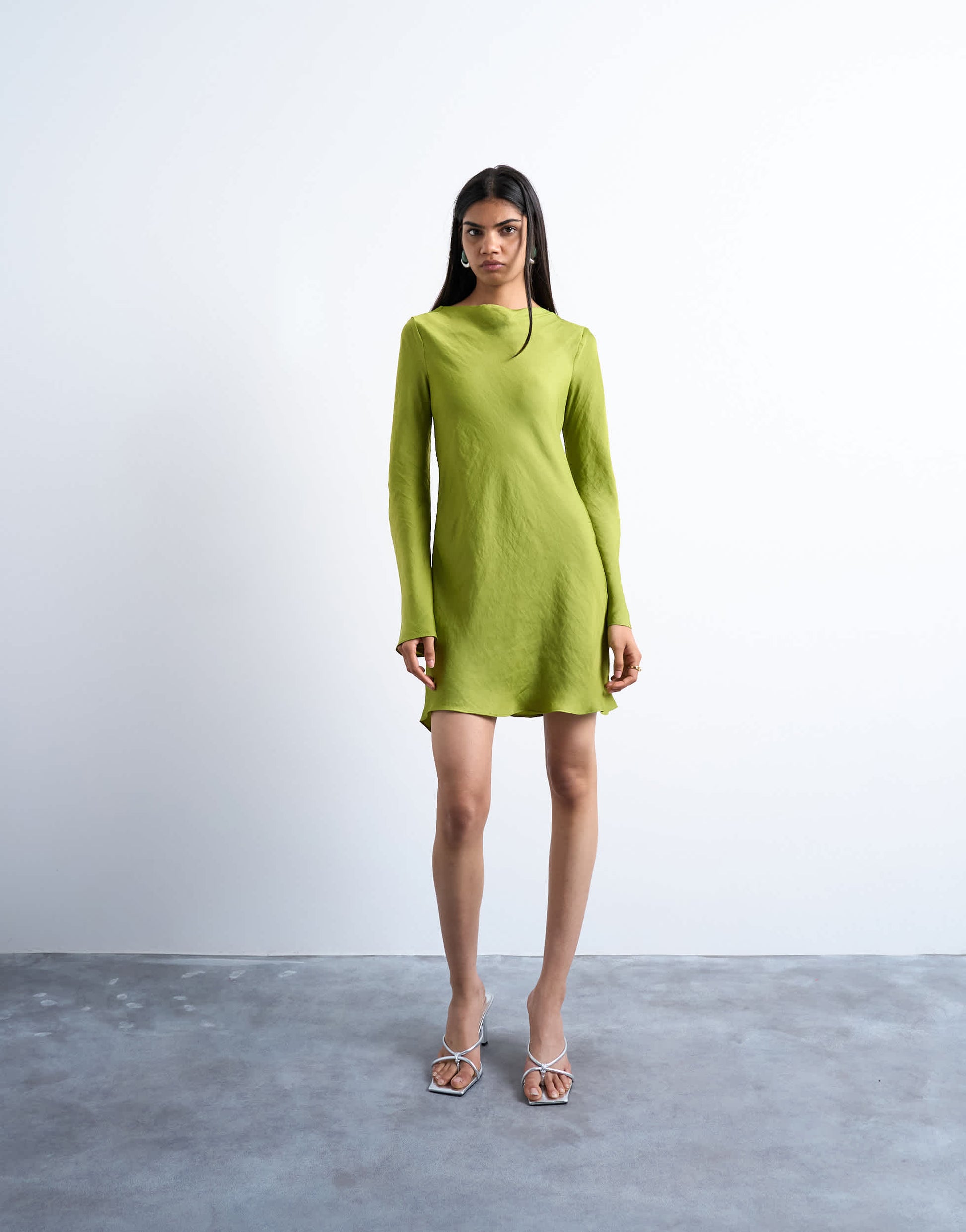 Topshop cowl back long sleeve mini satin in green