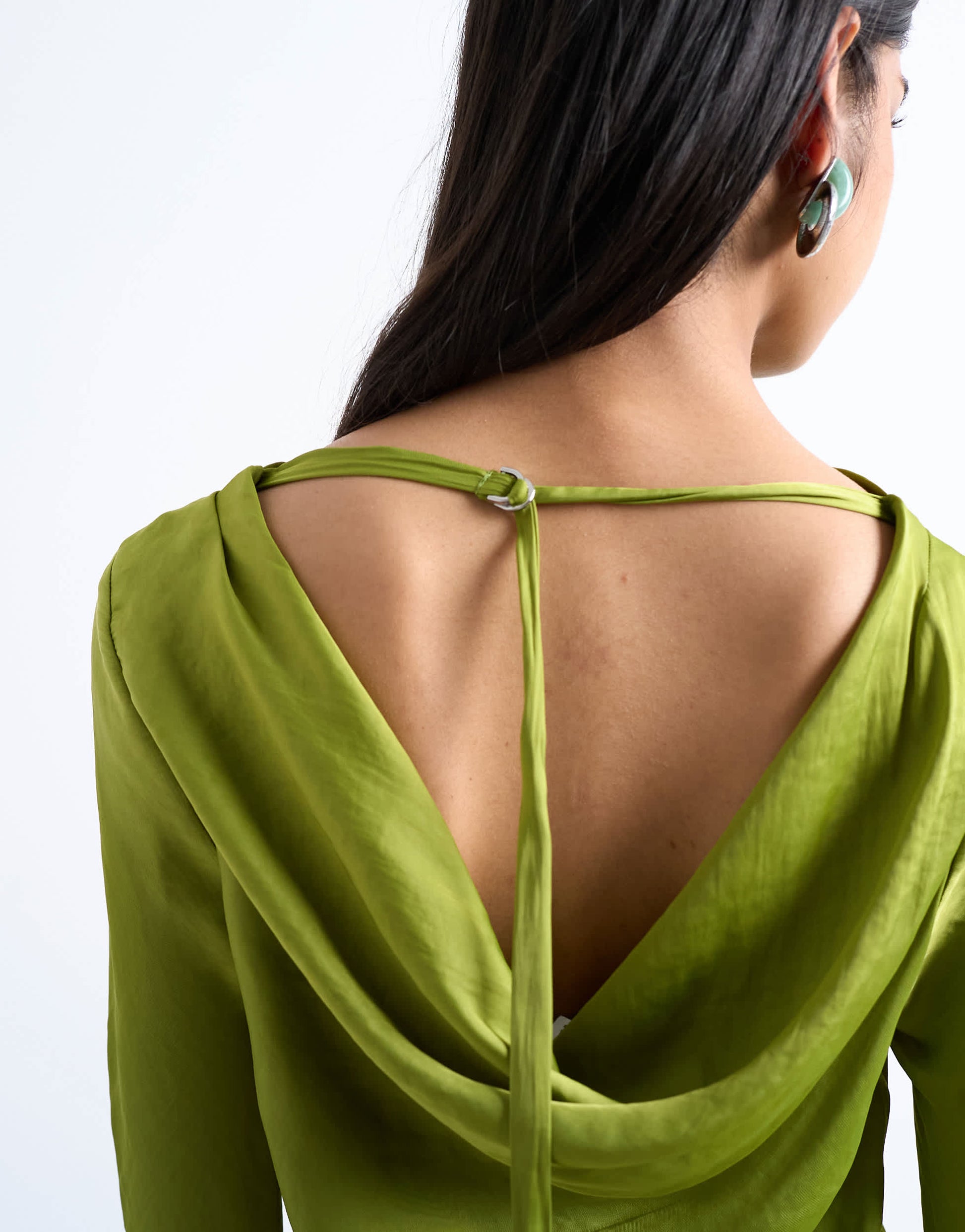 Topshop cowl back long sleeve mini satin in green