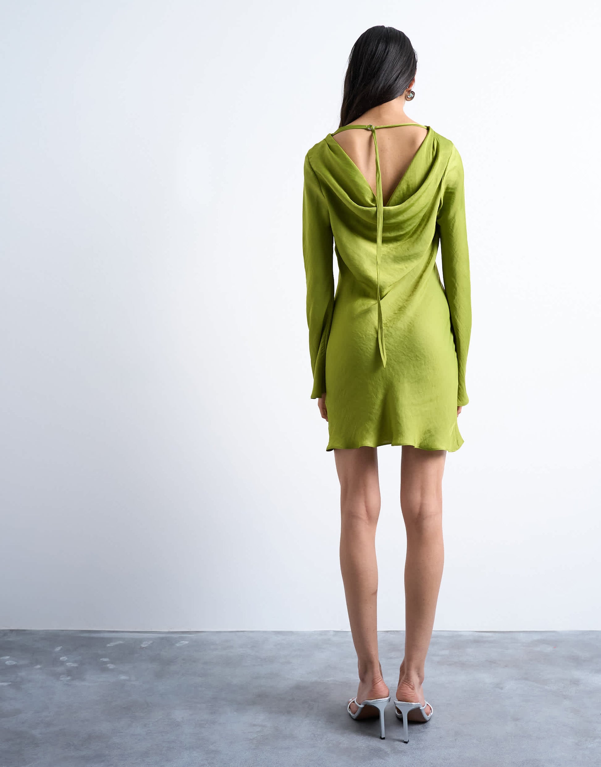 Topshop cowl back long sleeve mini satin in green