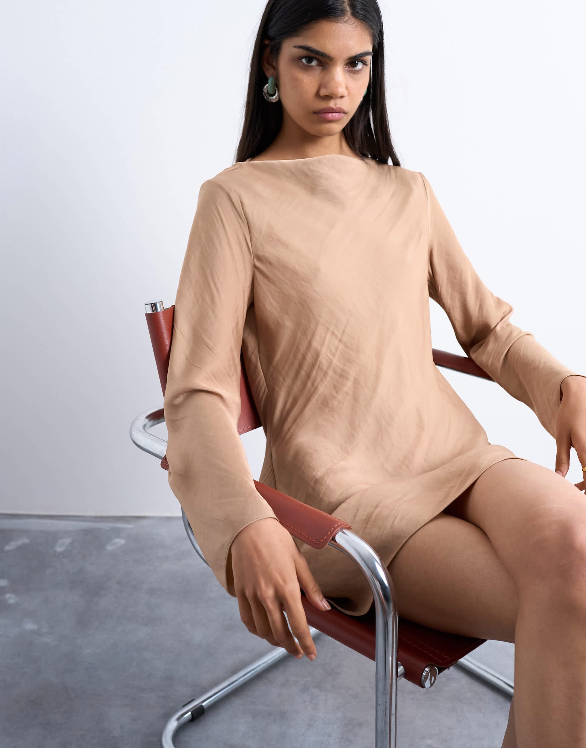 Topshop cowl back long sleeve mini satin in caramel