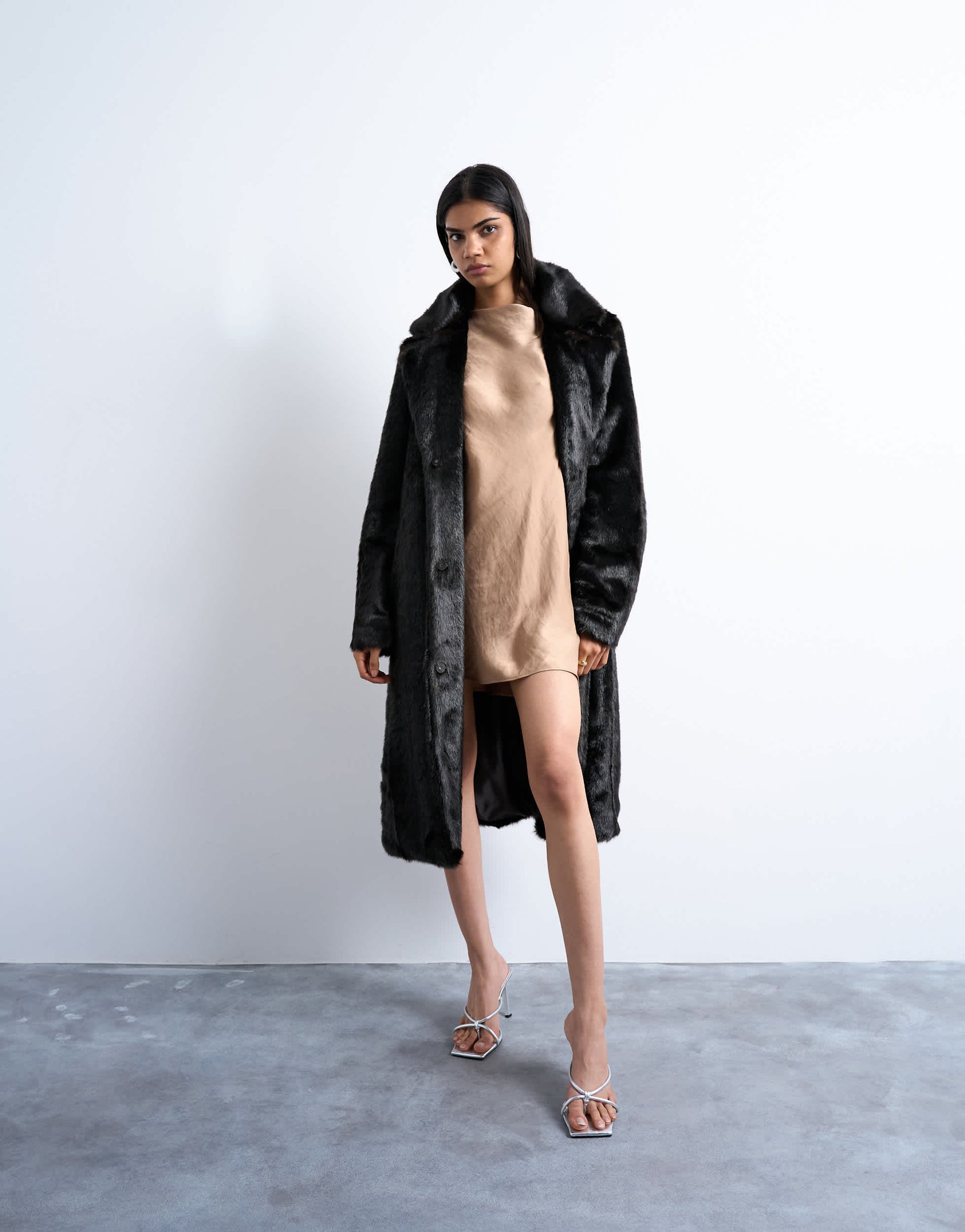 Topshop cowl back long sleeve mini satin in caramel