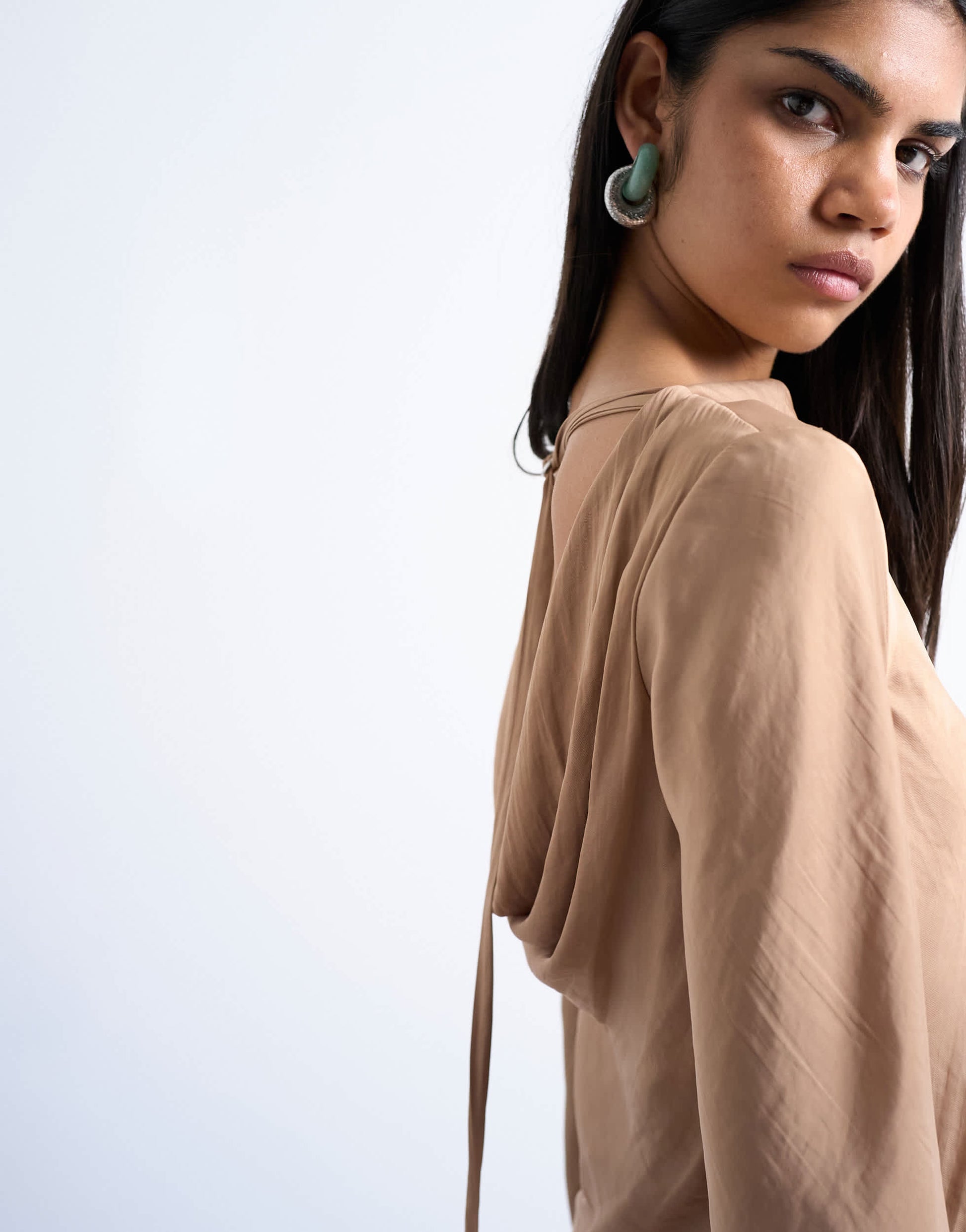 Topshop cowl back long sleeve mini satin in caramel