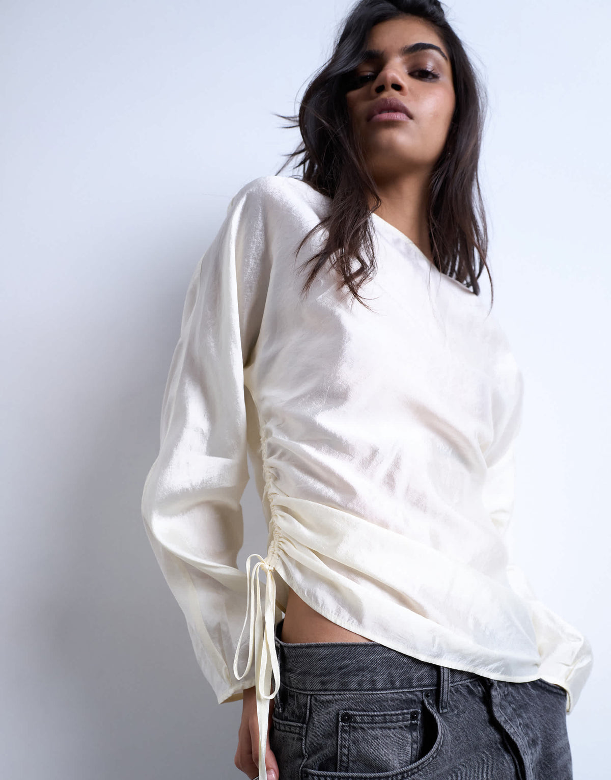 Topshop long sleeve ruched side top in white