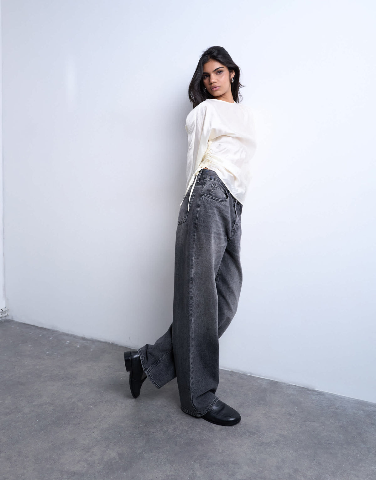 Topshop long sleeve ruched side top in white