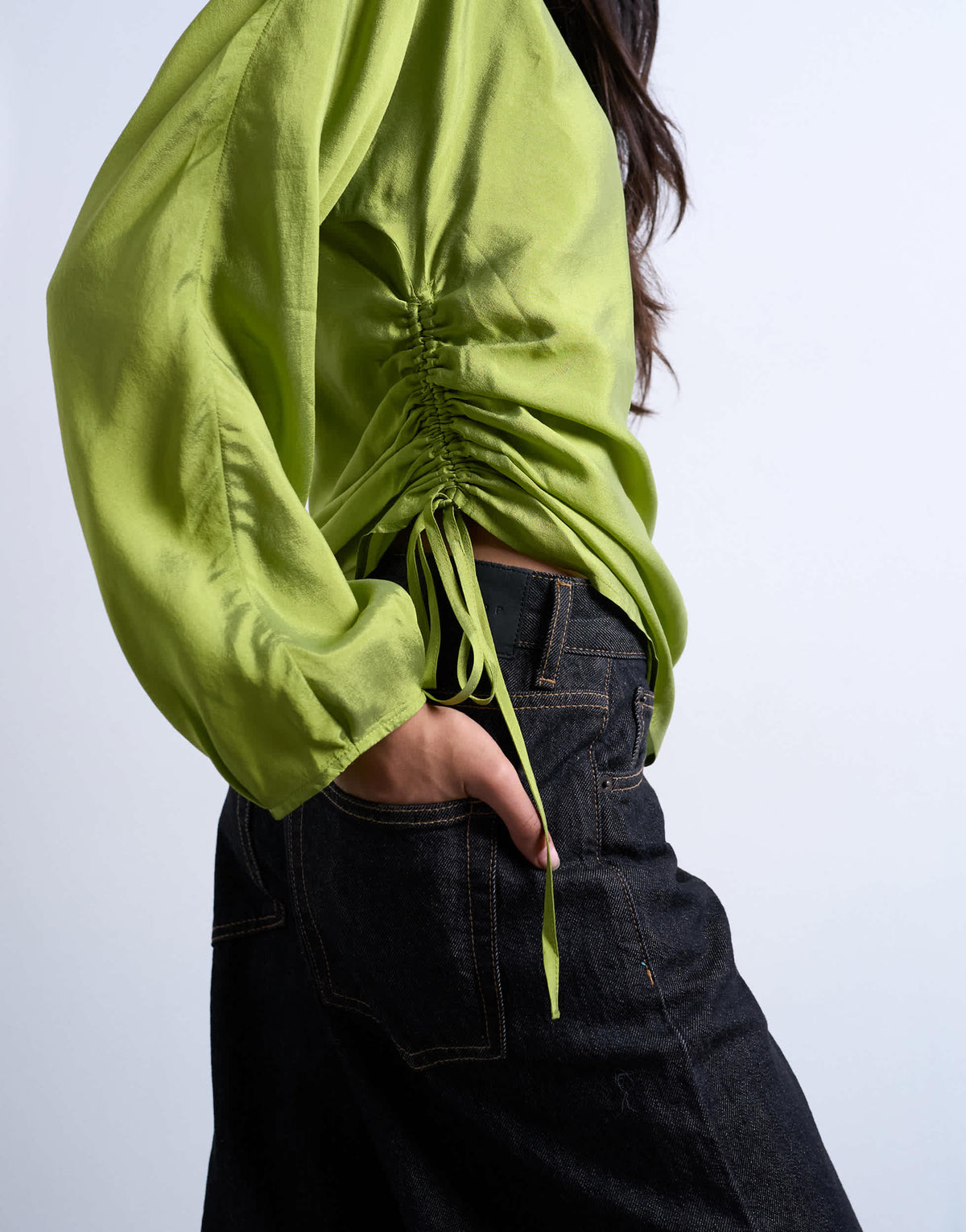 Topshop long sleeve ruched side top in green