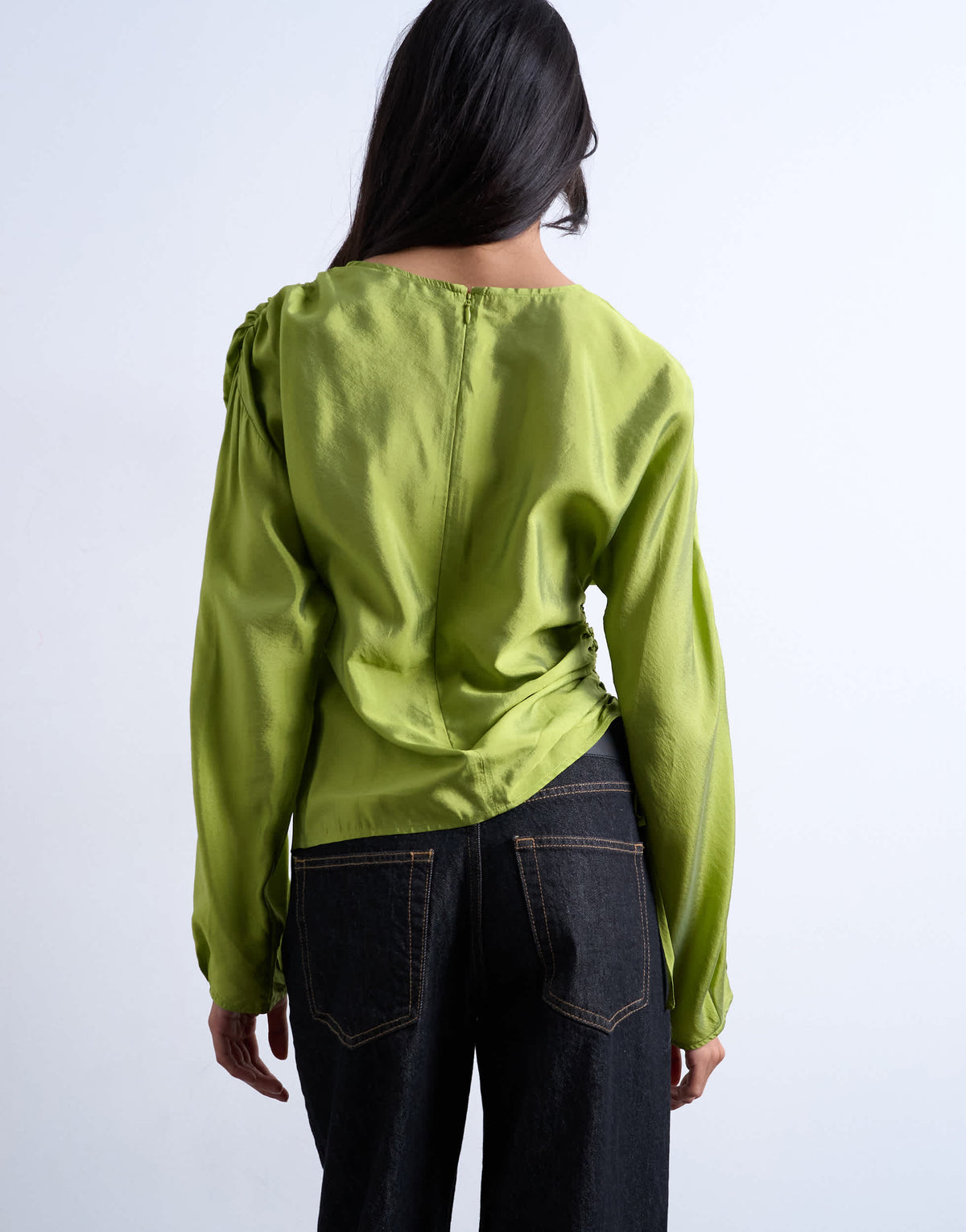 Topshop long sleeve ruched side top in green