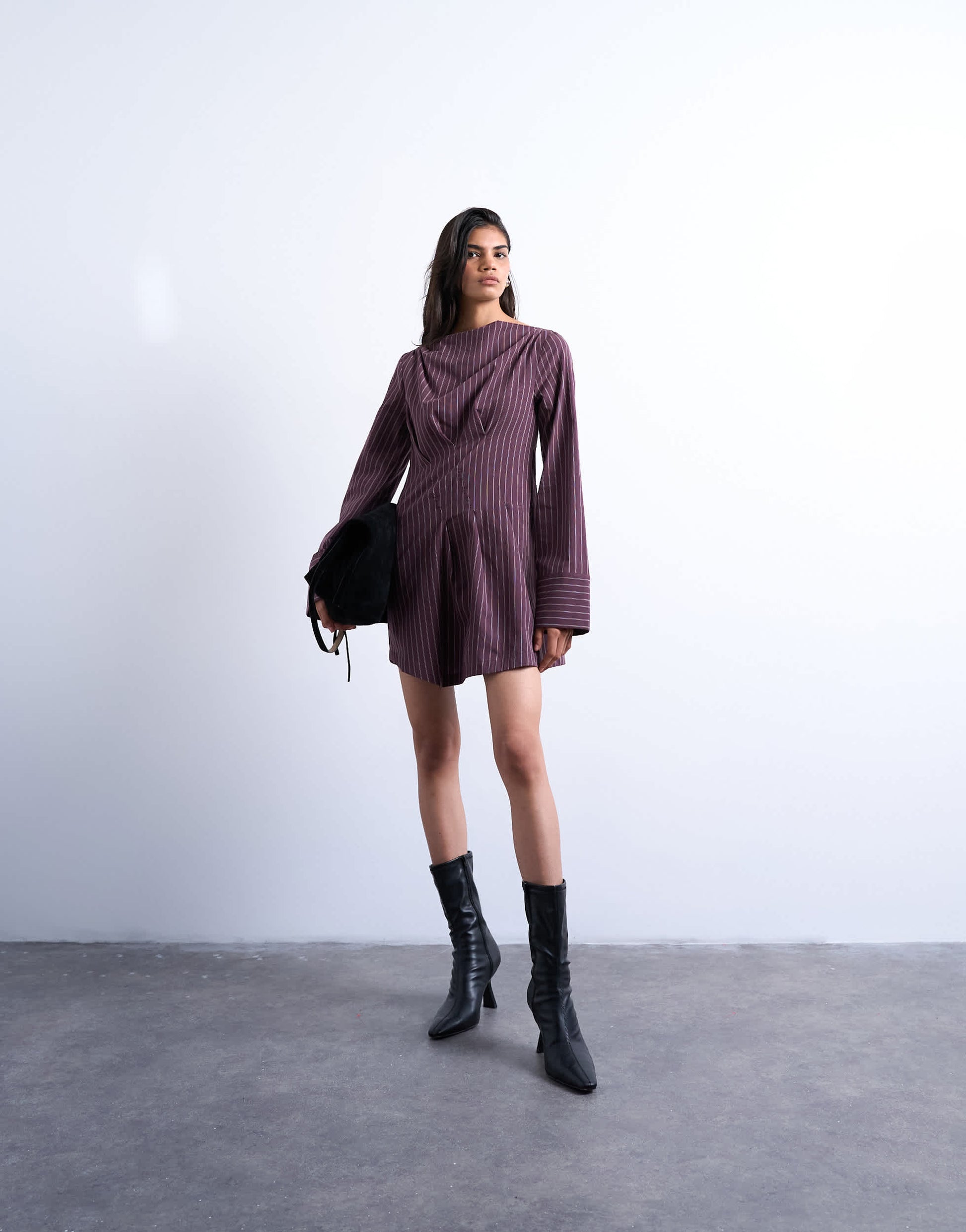 Topshop cut about long sleeve mini dress in burgundy stripe